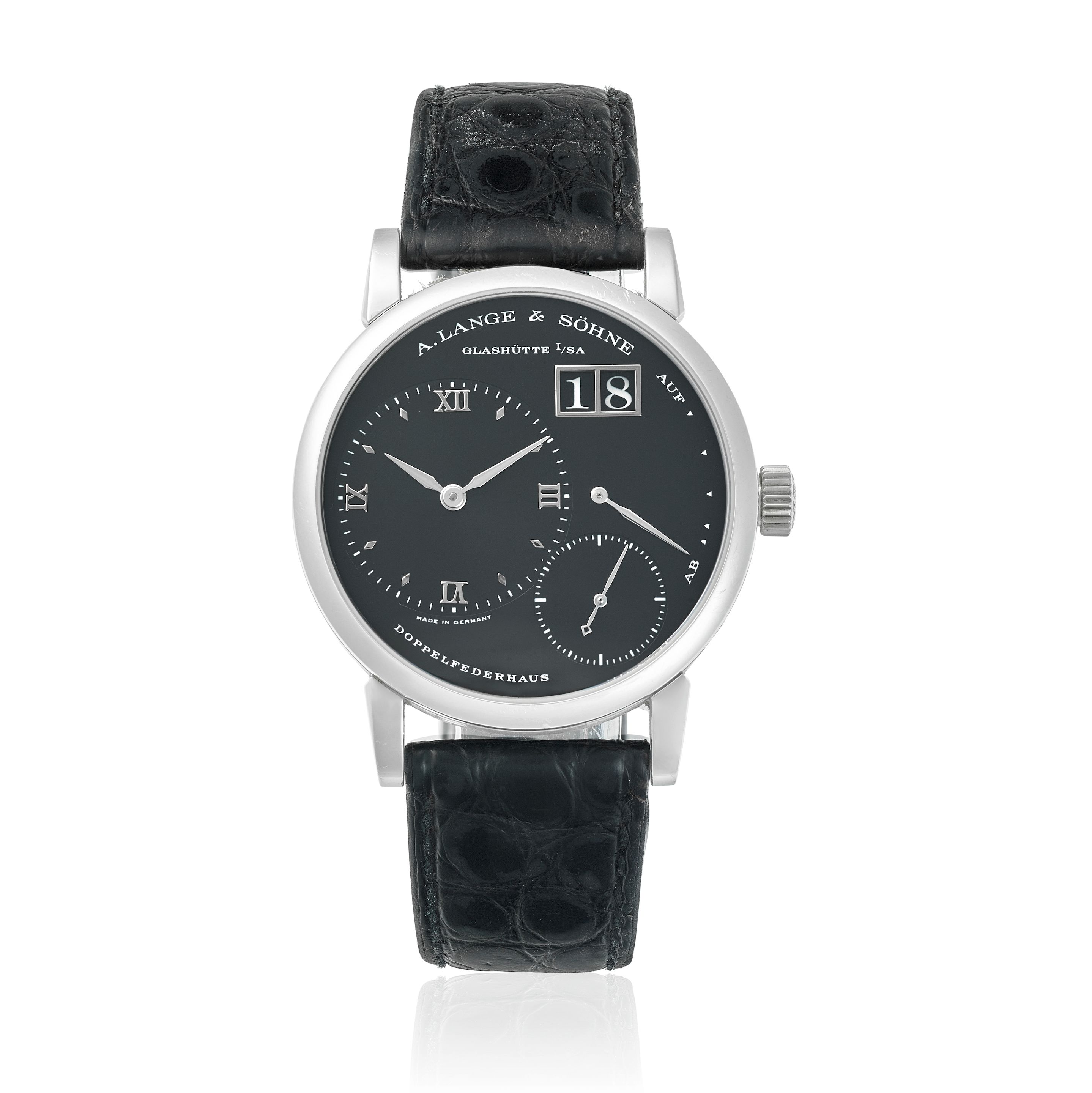 A. LANGE & SÖHNE. AN EXCEPTIONAL PLATINUM MANUAL WIND CALENDAR WRISTWATCH WITH POWER RESERVE INDICATION Lange 1, Ref: 111.025, c.1998