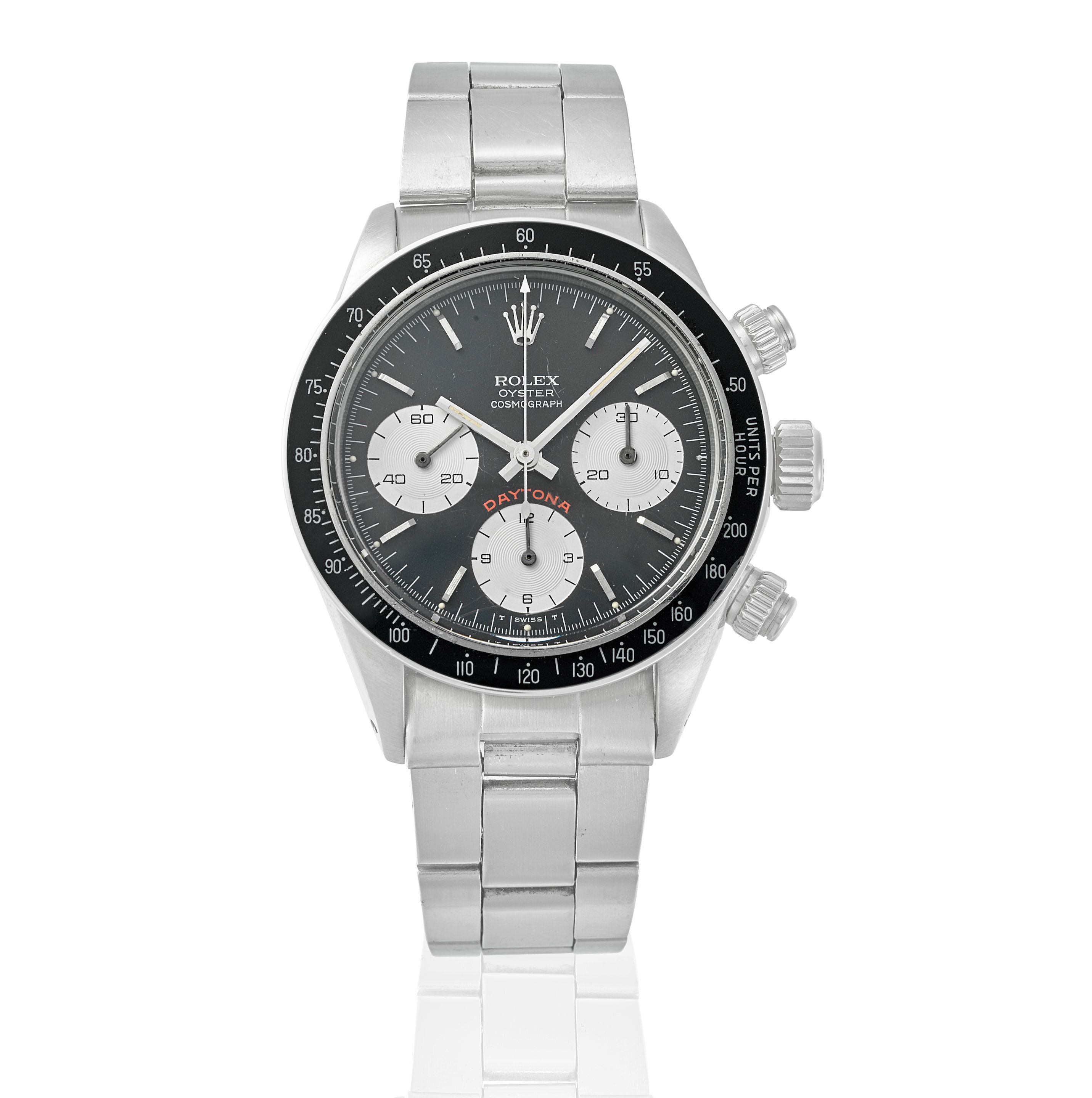 ROLEX. A FINE STAINLESS STEEL MANUAL WIND CHRONOGRAPH BRACELET WATCH Cosmograph Daytona 'Big Red', Ref: 6263 , c.1970