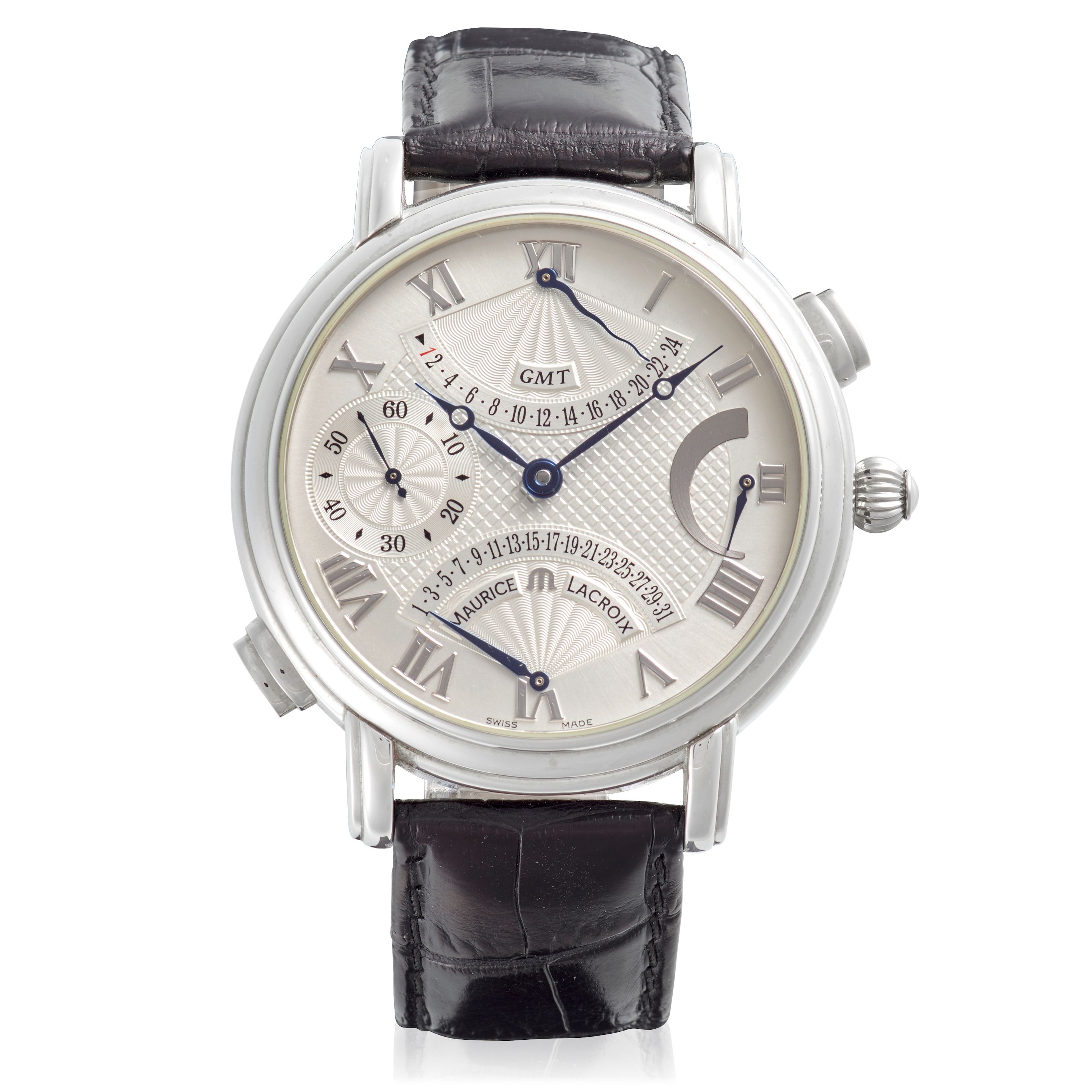 MAURICE LACROIX. A STAINLESS STEEL MANUAL WIND CALENDAR WRISTWATCH WITH DUAL TIME ZONE AND POWER RESERVE Masterpiece Double Retrograde GMT, Ref: MP7018, c. 2000s