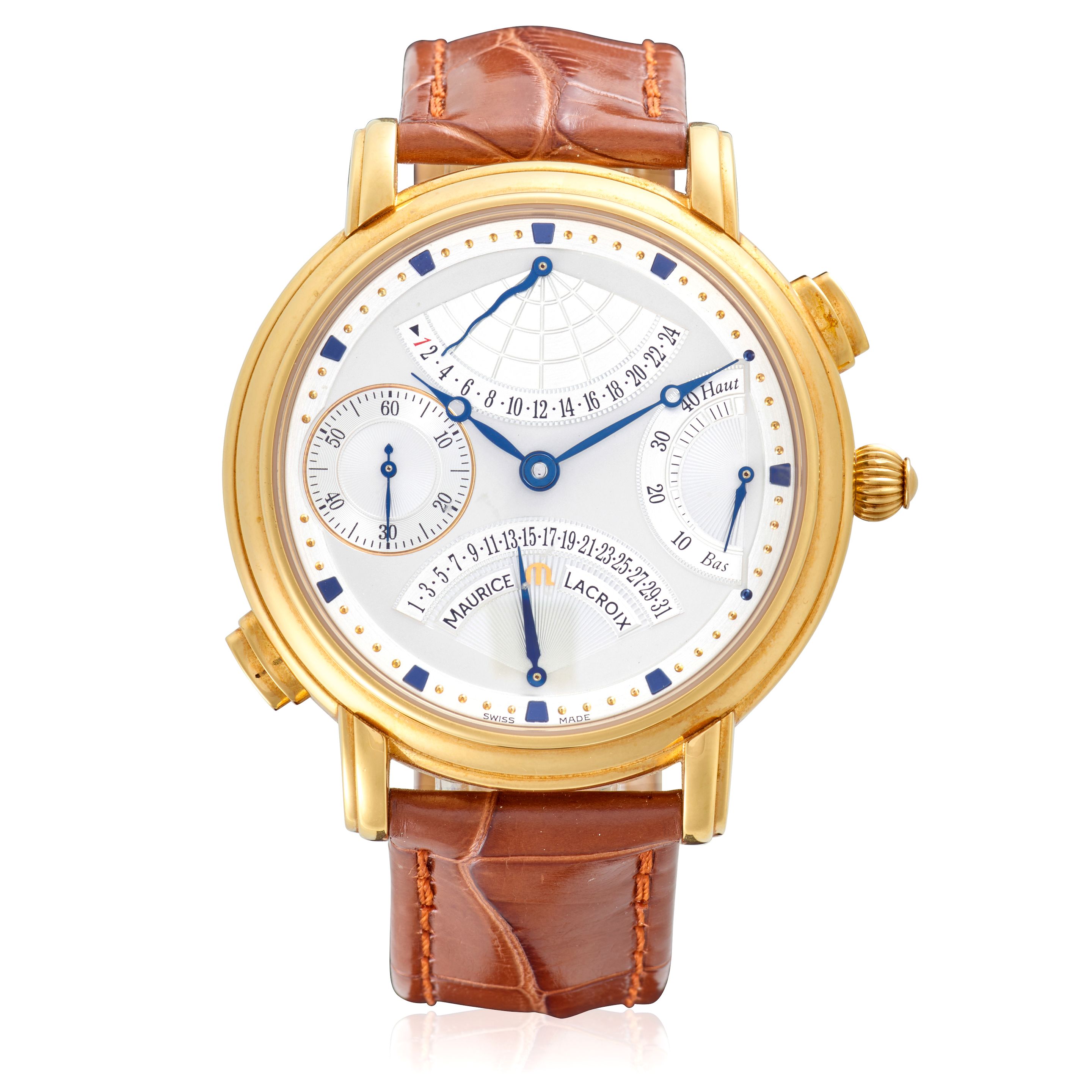 MAURICE LACROIX. AN 18K GOLD MANUAL WIND CALENDAR WRISTWATCH WITH 24-HOUR AND POWER RESERVE INDICATION Masterpiece, Ref: MP7018, c. 2010s