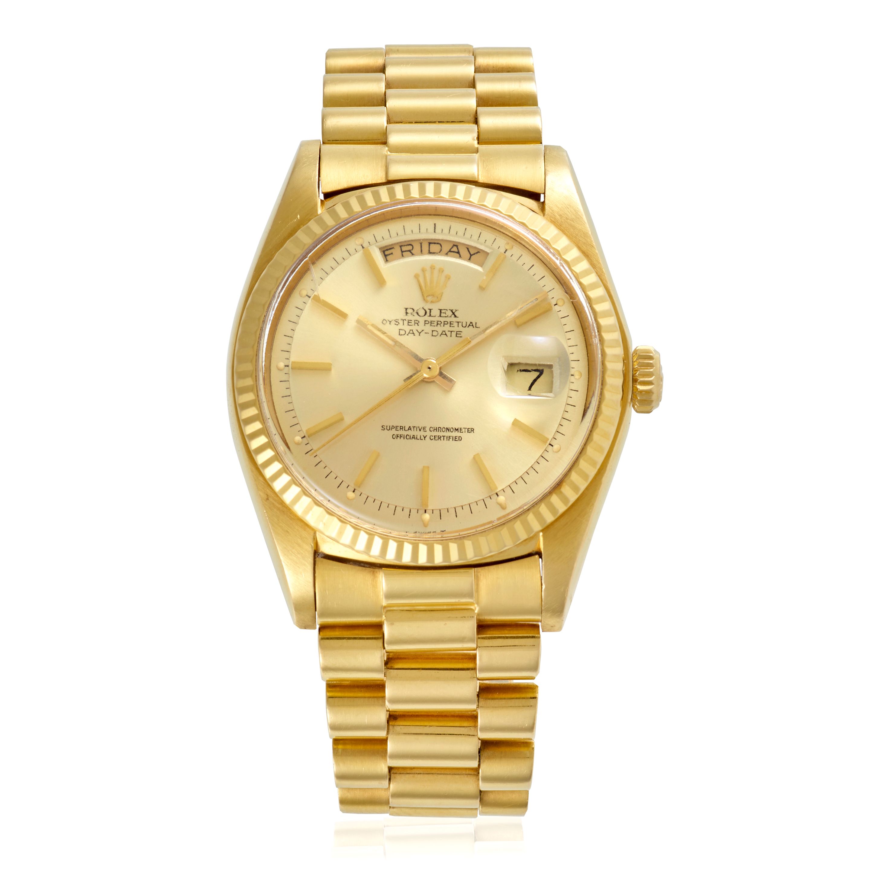 ROLEX. AN 18K GOLD AUTOMATIC CALENDAR BRACELET WATCH Day-Date, Ref: 1803, c.1975