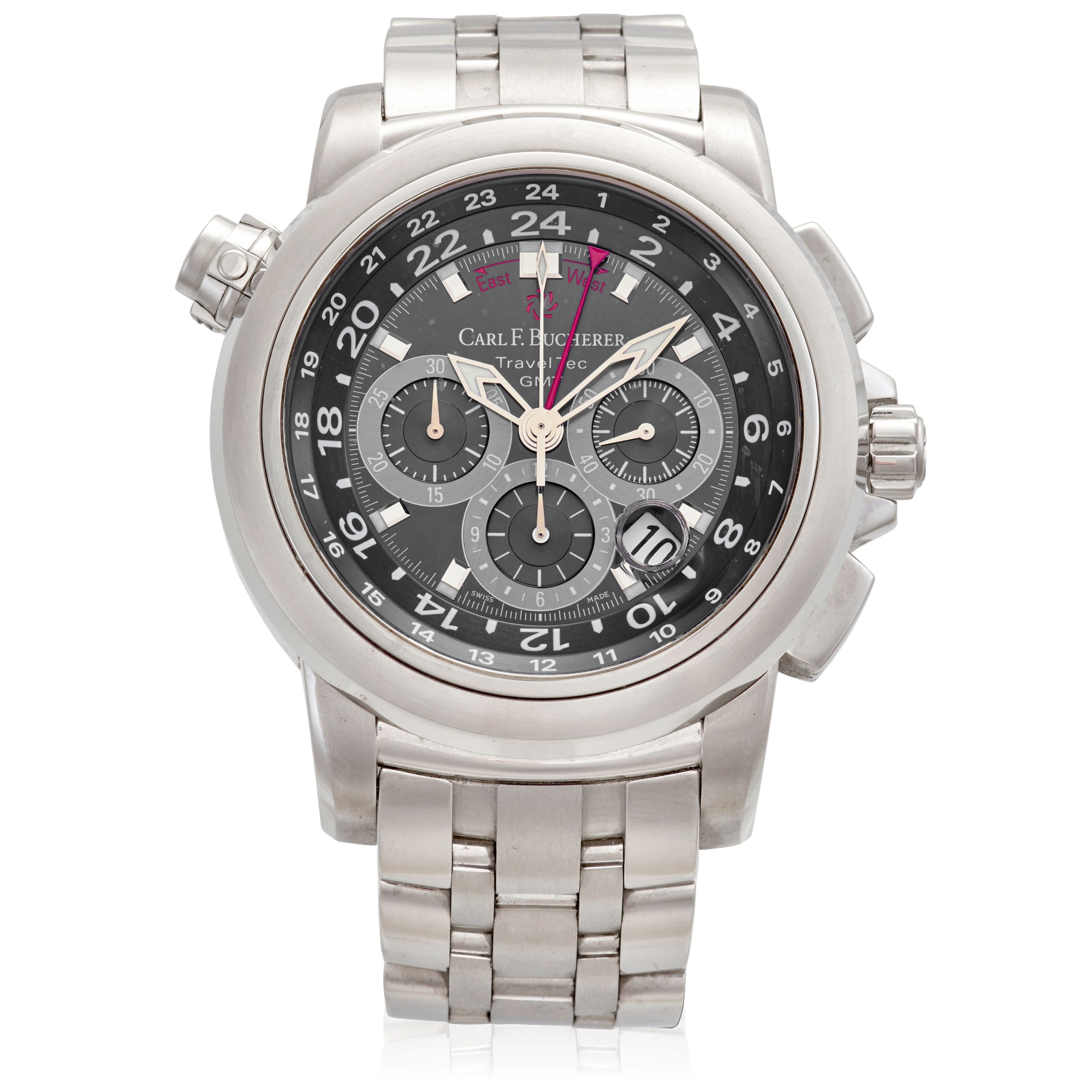 CARL F. BUCHERER. A STAINLESS-STEEL AUTOMATIC CALENDAR GMT CHRONOGRAPH BRACELET WATCH PATRAVI TravelTec GMT, Ref: 10620.08, c.2020
