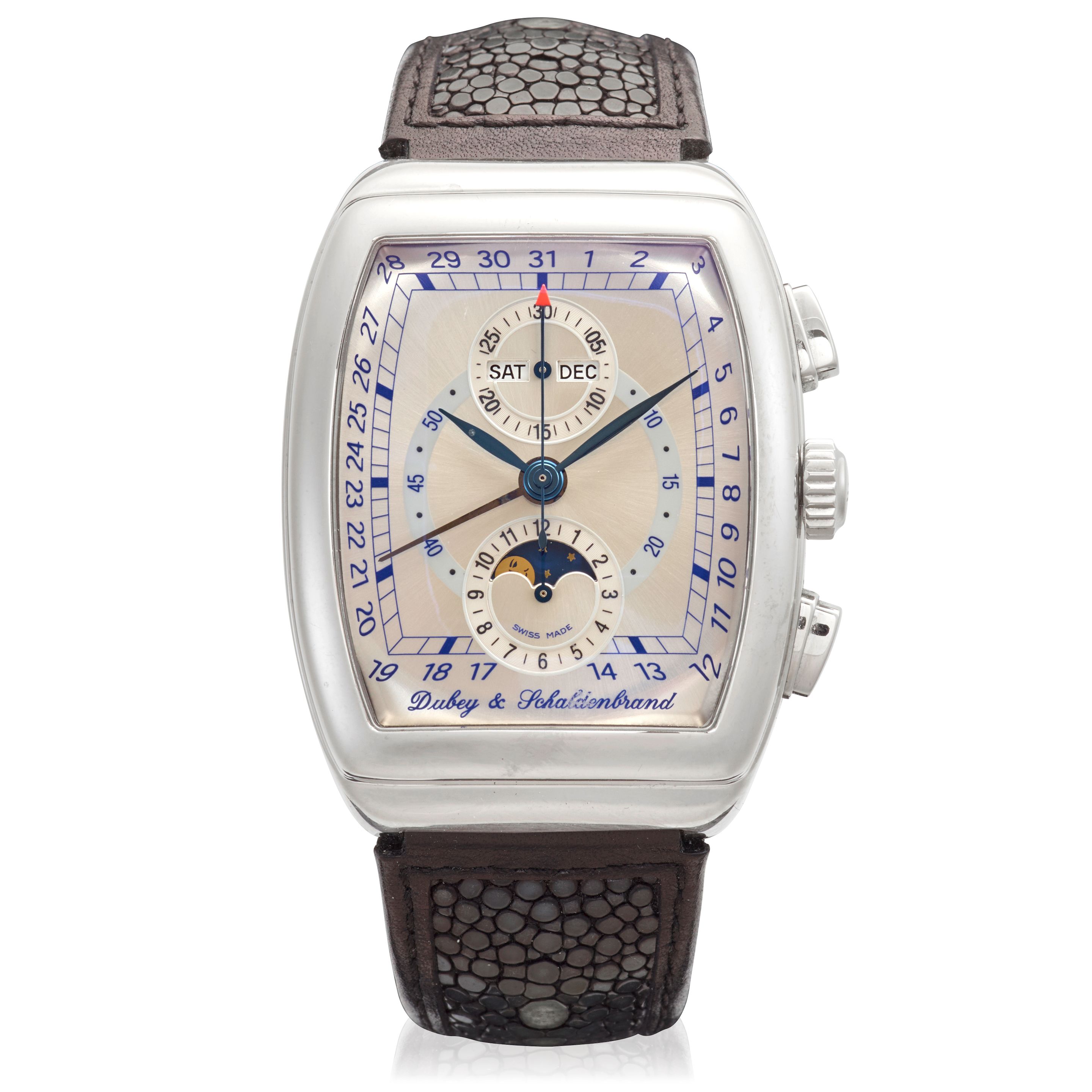 DUBEY AND SCHALDENBRAND. A LIMITED EDITION STAINLESS-STEEL AUTOMATIC TRIPLE CALENDAR CHRONOGRAPH WRISTWATCH WITH MOON PHASE Astro-Sixty, Ref: AGCAS/ST/SIB/LS, c.2006