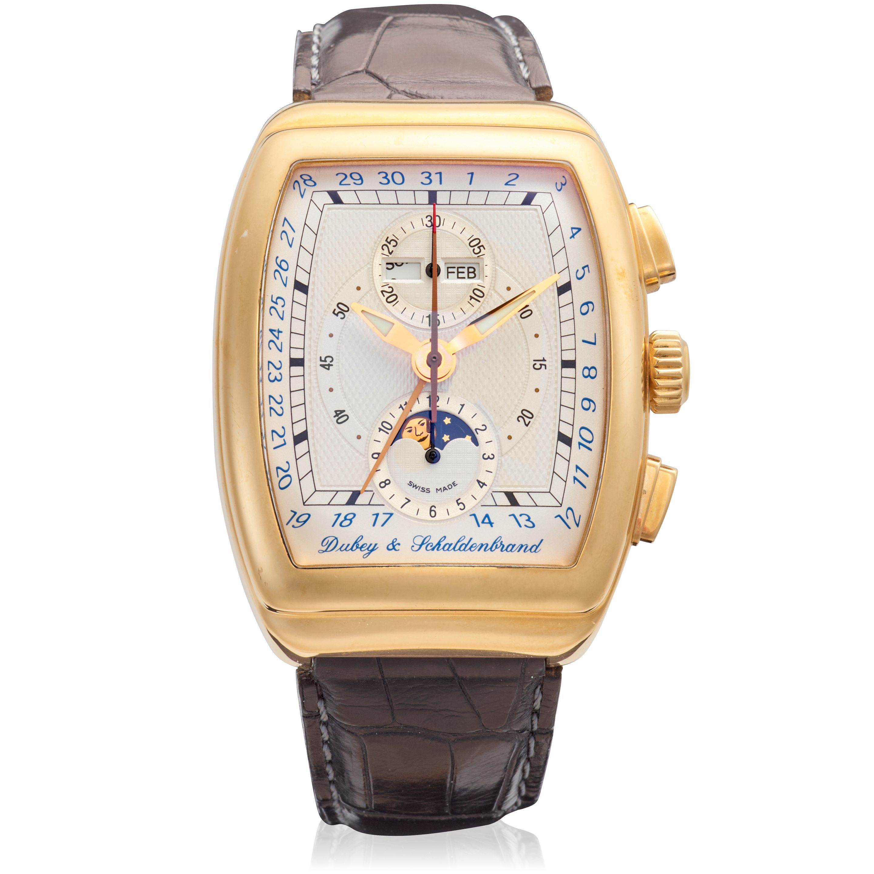 DUBEY AND SCHALDENBRAND. AN 18K GOLD AUTOMATIC TRIPLE CALENDAR CHRONOGRAPH WRISTWATCH WITH MOON PHASE Gran' Chrono Astro, c.2020