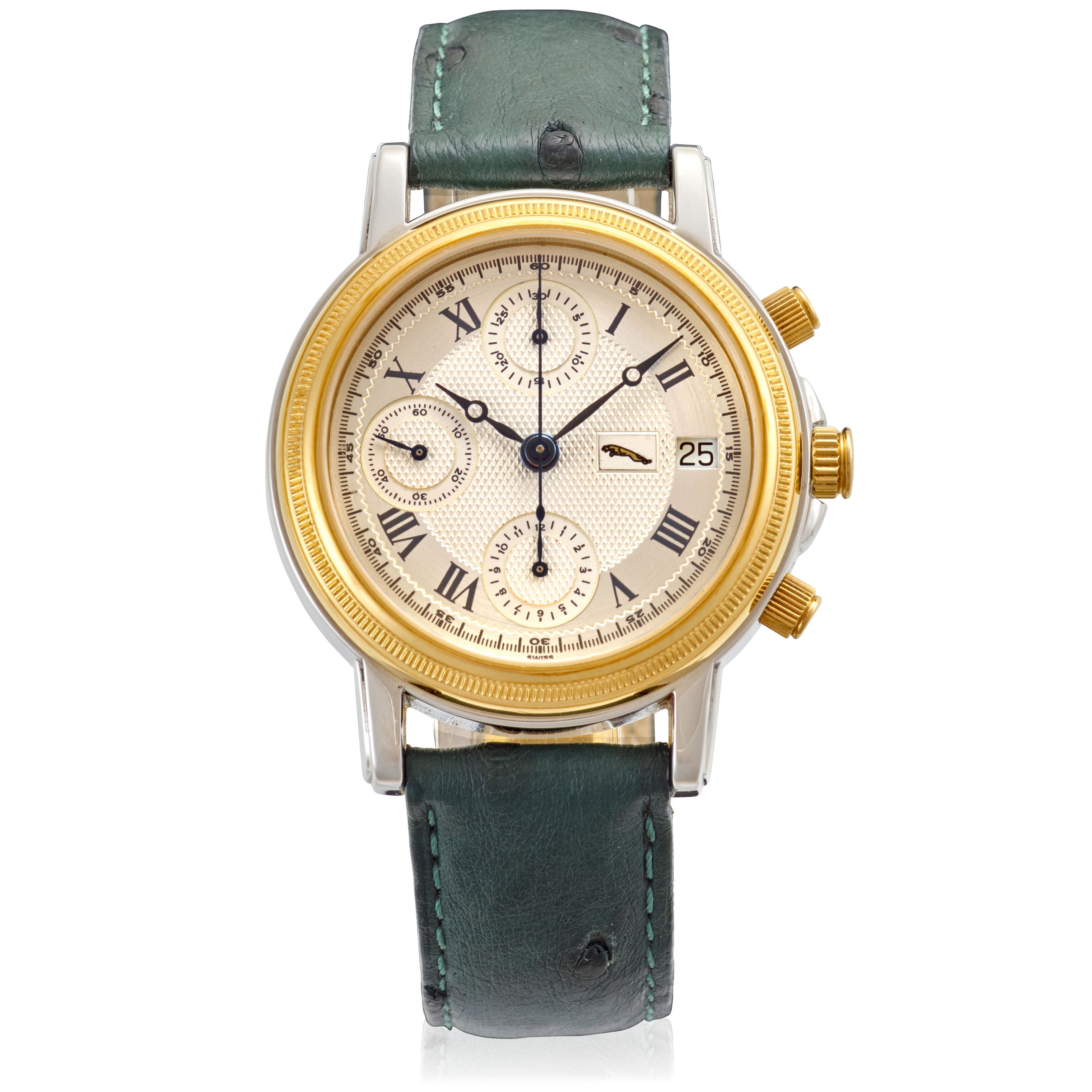 TOWSON. A LIMITED-EDITION STAINLESS-STEEL AND GOLD TONE AUTOMATIC CALENDAR CHRONOGRAPH WRISTWATCH 'Jaguar',