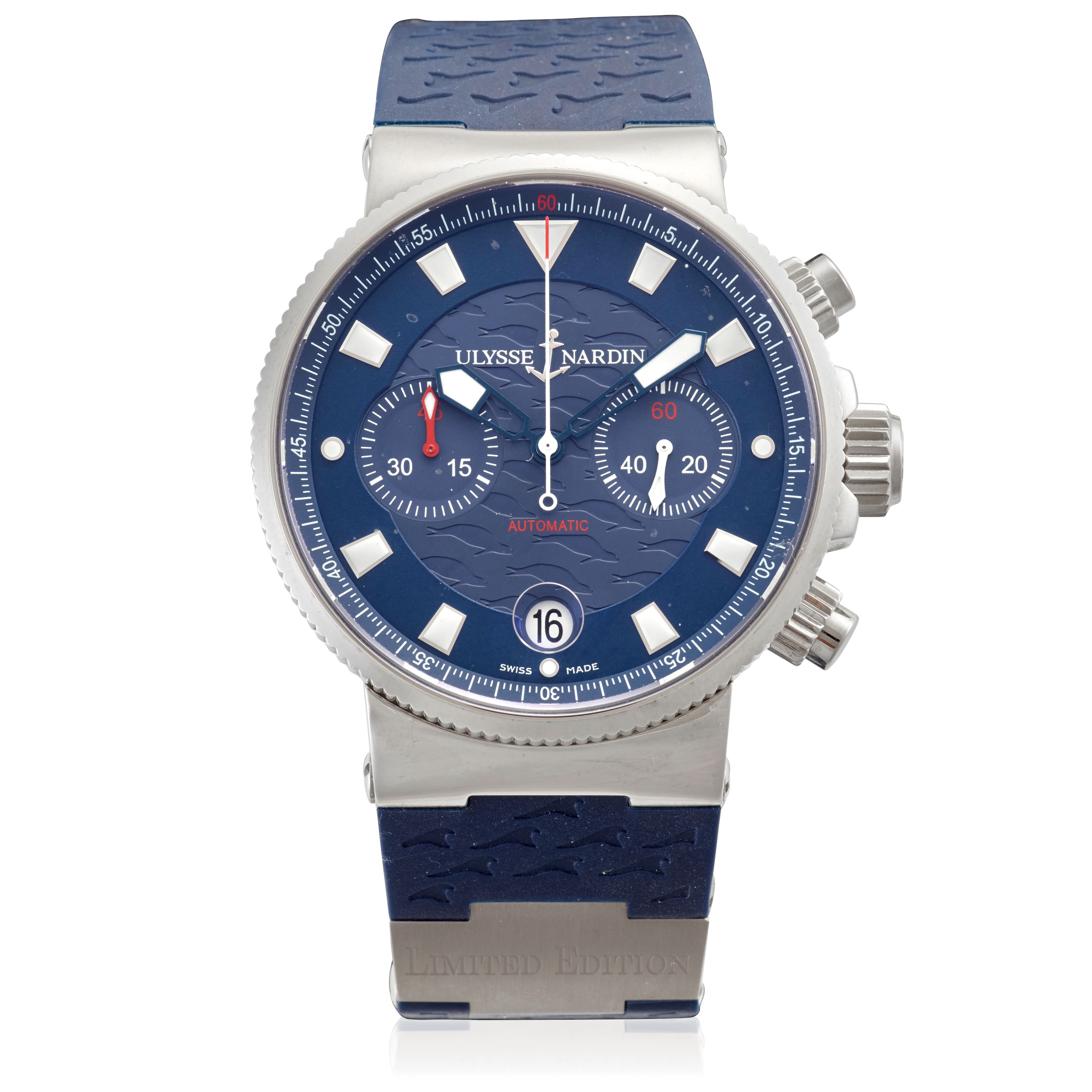 ULYSSE NARDIN. A LIMITED EDITION STAINLESS-STEEL AUTOMATIC CHRONOGRAPH CALENDAR WRISTWATCH Maxi Marine Chronograph 'Blue Seal', Ref: 353-68, c.2009