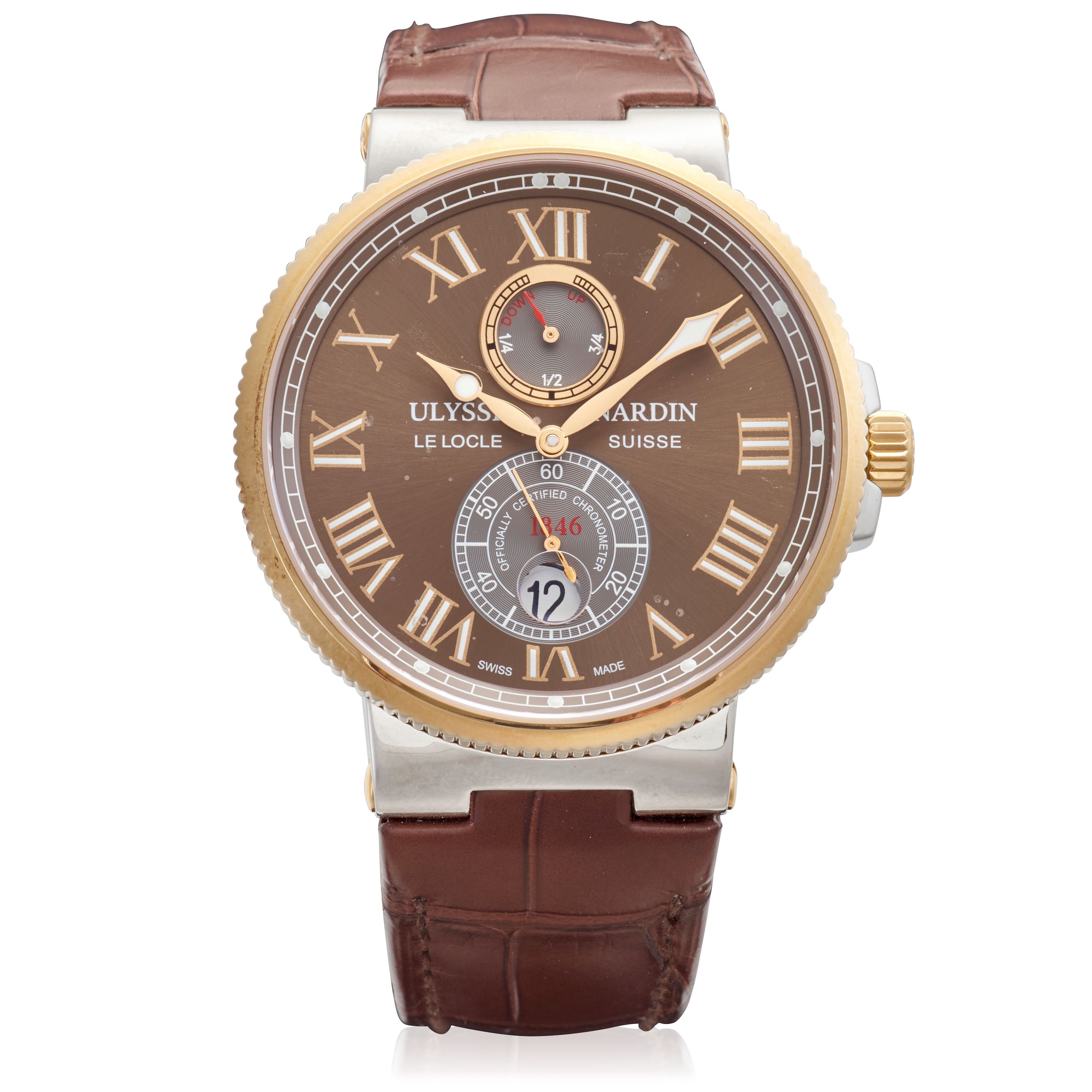 ULYSSE NARDIN. A STEEL AND GOLD AUTOMATIC CALENDAR WRISTWATCH WITH POWER RESERVE Marine Chronometer, Ref: 265-67, c.2010