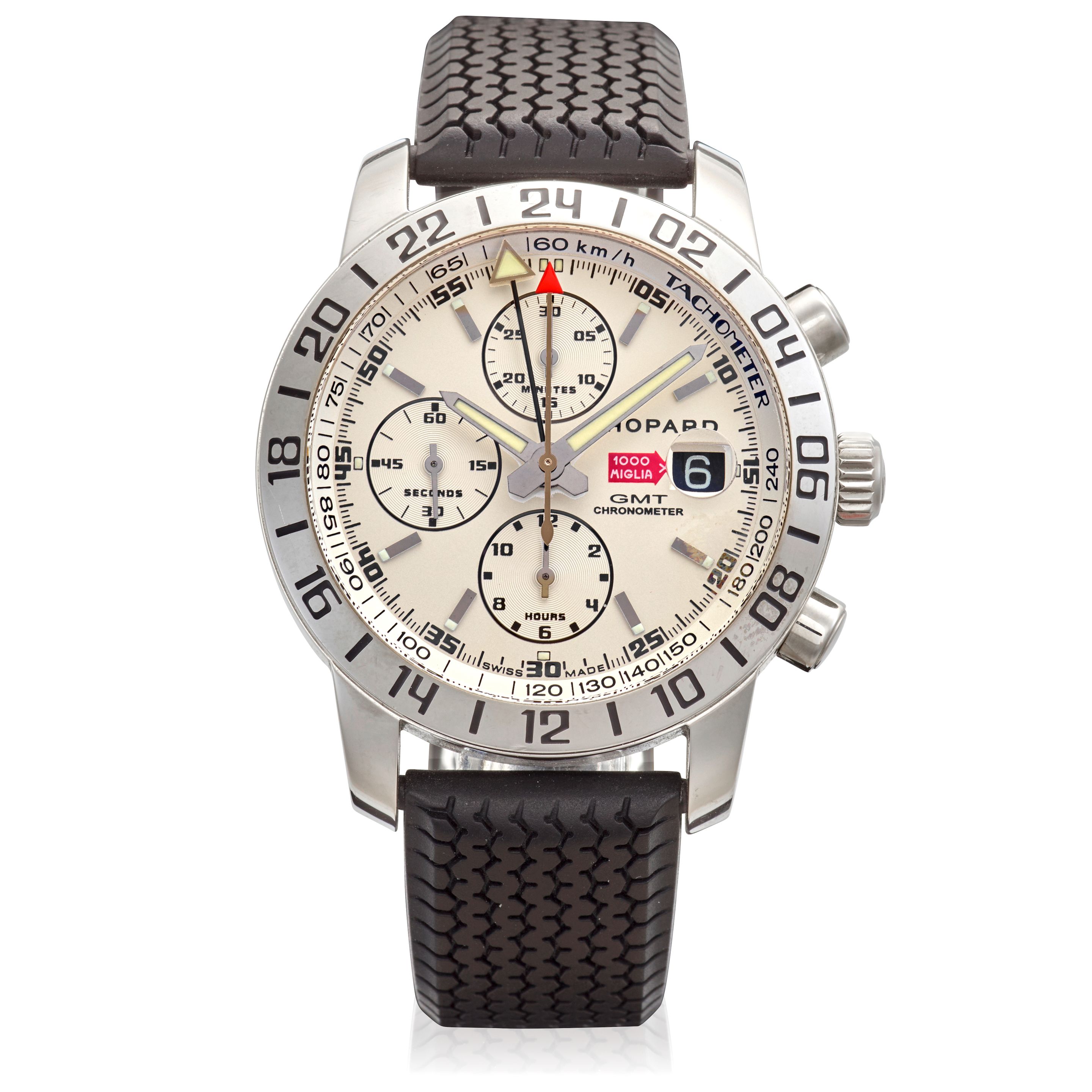CHOPARD. A STAINLESS-STEEL AUTOMATIC CALENDAR GMT CHRONOGRAPH WRISTWATCH Mille Miglia, Ref: 8992,