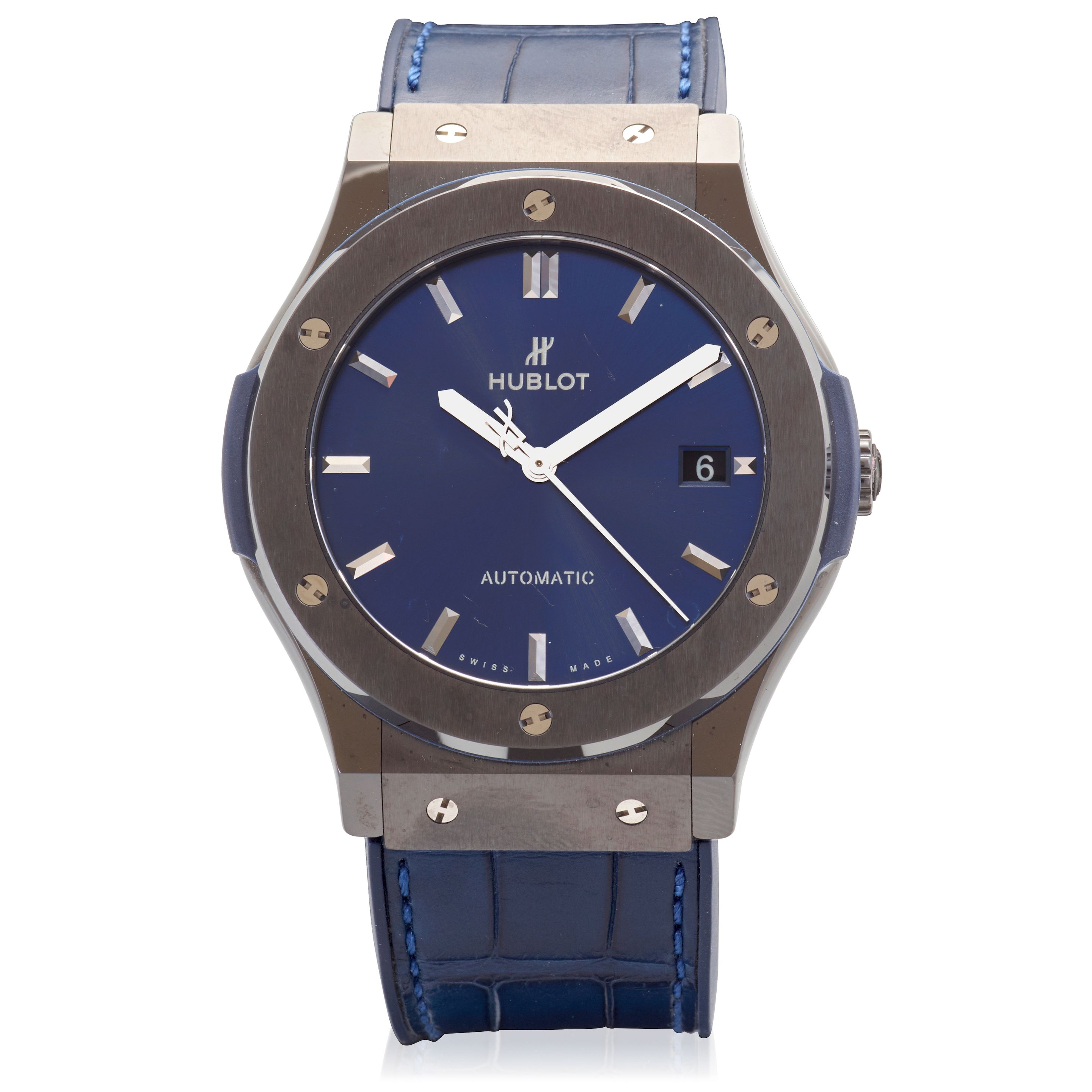 HUBLOT. A CERAMIC AND TITANIUM AUTOMATIC CALENDAR WRISTWATCH Classic Fusion Blue, Ref: 511.CM.7170.LR, c. 2020