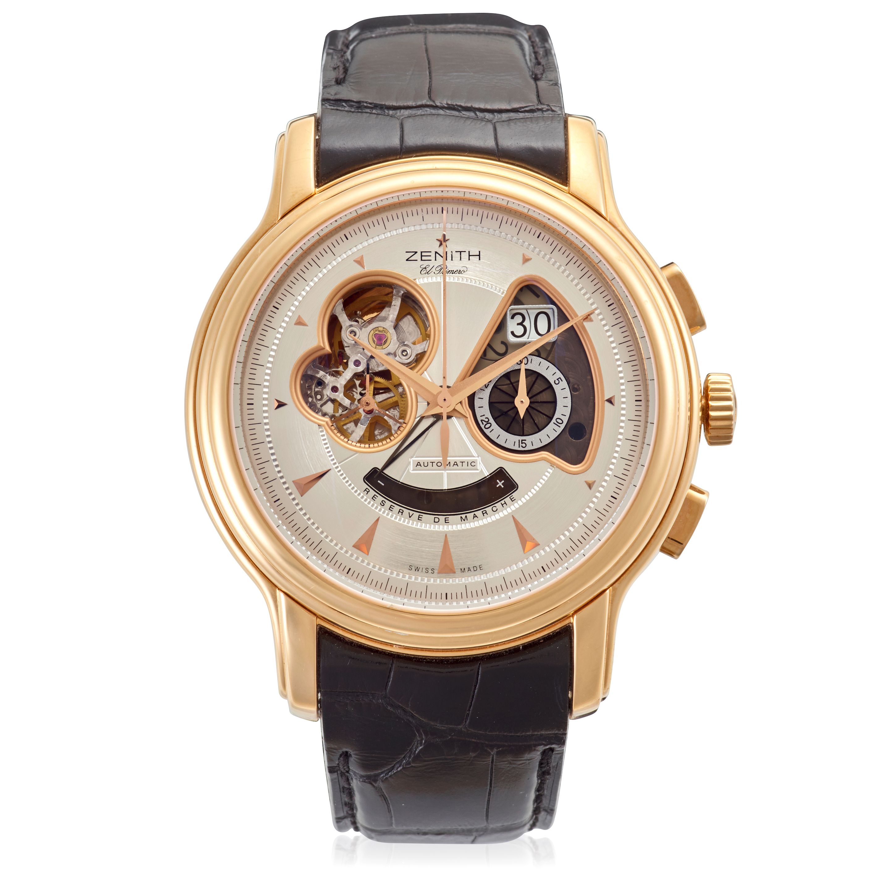 ZENITH. AN 18K GOLD AUTOMATIC CALENDAR CHRONOGRAPH WRISWATCH WITH POWER RESERVE INDICATION El Primero Chronomaster XXT , Ref: 18.1260.4039, Purchased 11th December, 2008