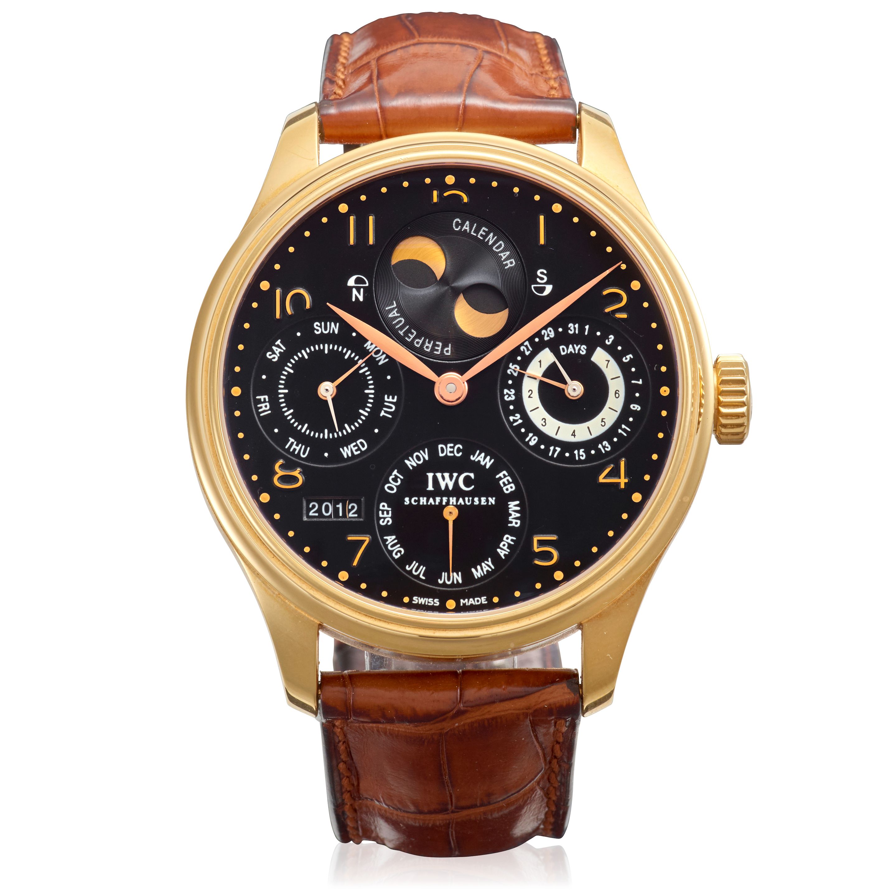 IWC. AN 18K GOLD AUTOMATIC PERPETUAL CALENDAR WRISTWATCH WITH MOON PHASE AND POWER RESERVE INDICATION Portuguese Perpetual Calendar, Ref: IW502105, c.2010