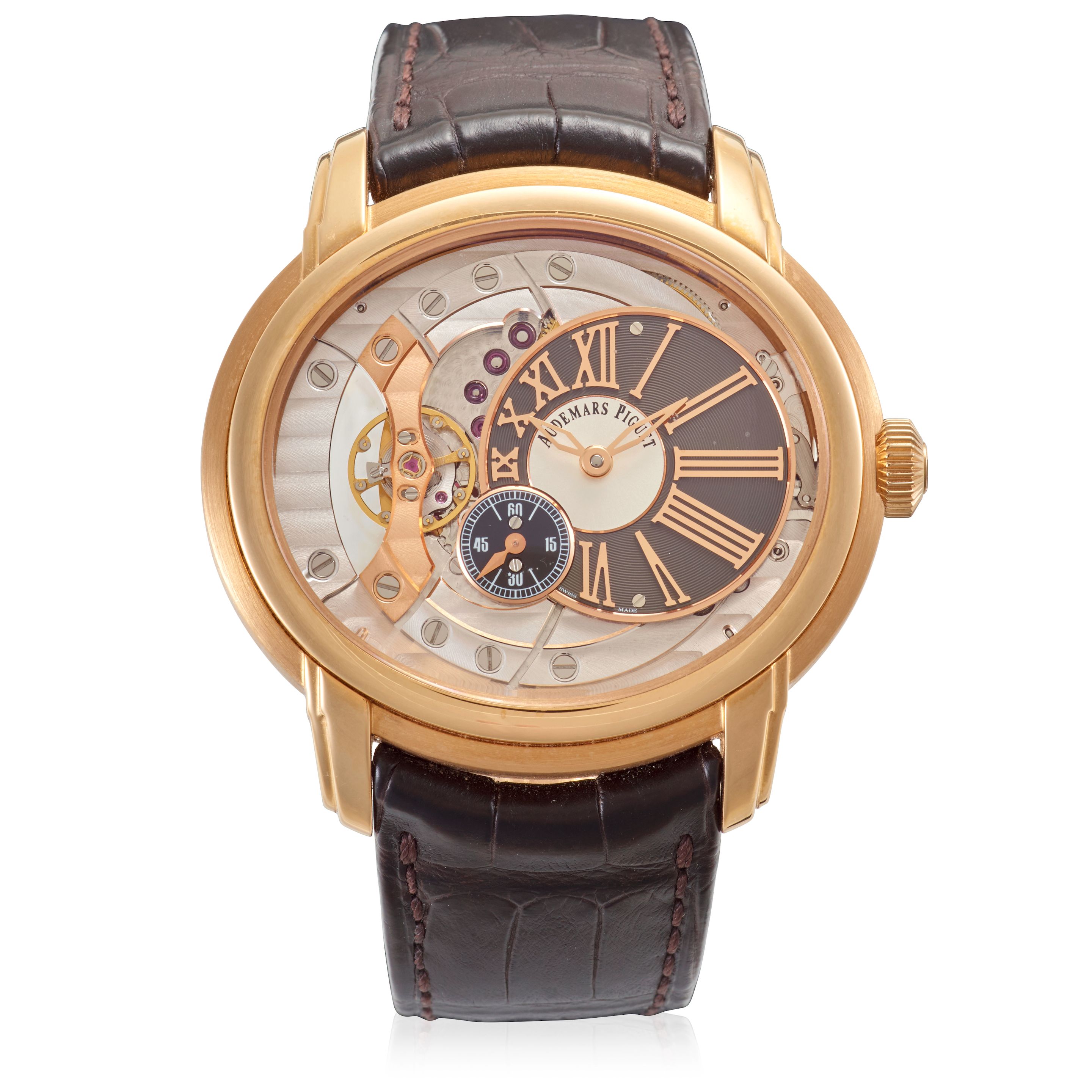 AUDEMARS PIGUET. AN UNUSUAL 18K ROSE GOLD AUTOMATIC WRISTWATCH Millenary, Ref: 15350OR.OO.D093CR.01, Purchased 10th October, 2017