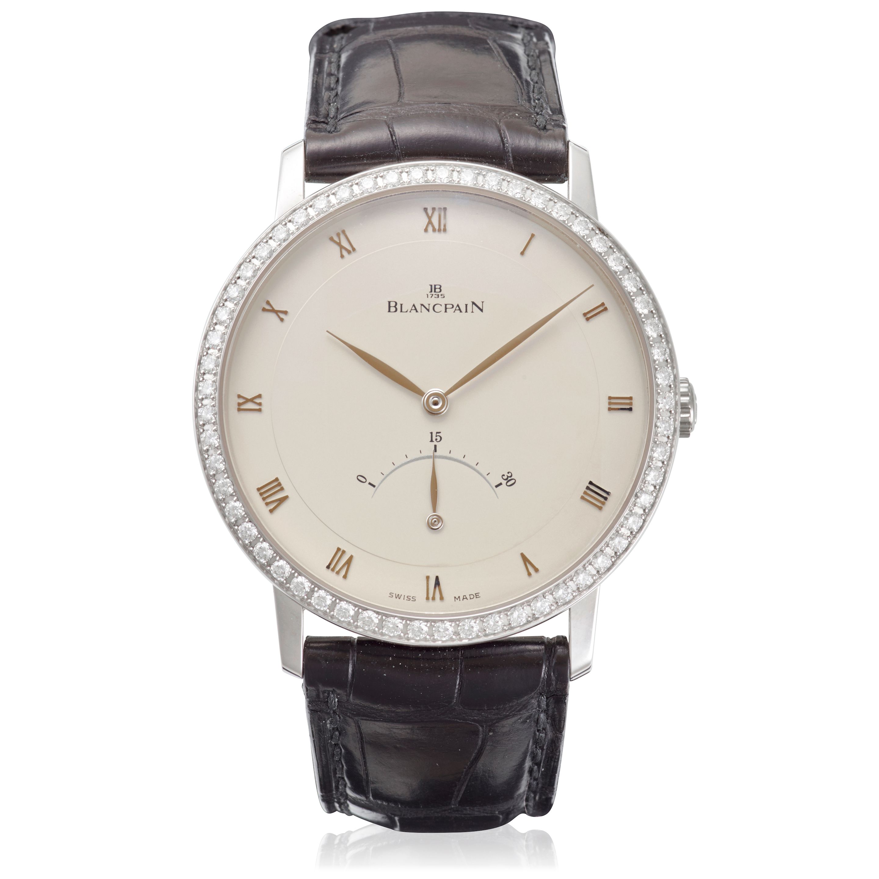 BLANCPAIN. AN 18K WHITE GOLD AND DIAMOND AUTOMATIC WRISTWATCH WITH RETROGRADE SECONDS Villeret, Ref: 4063-1942-55, c.2010