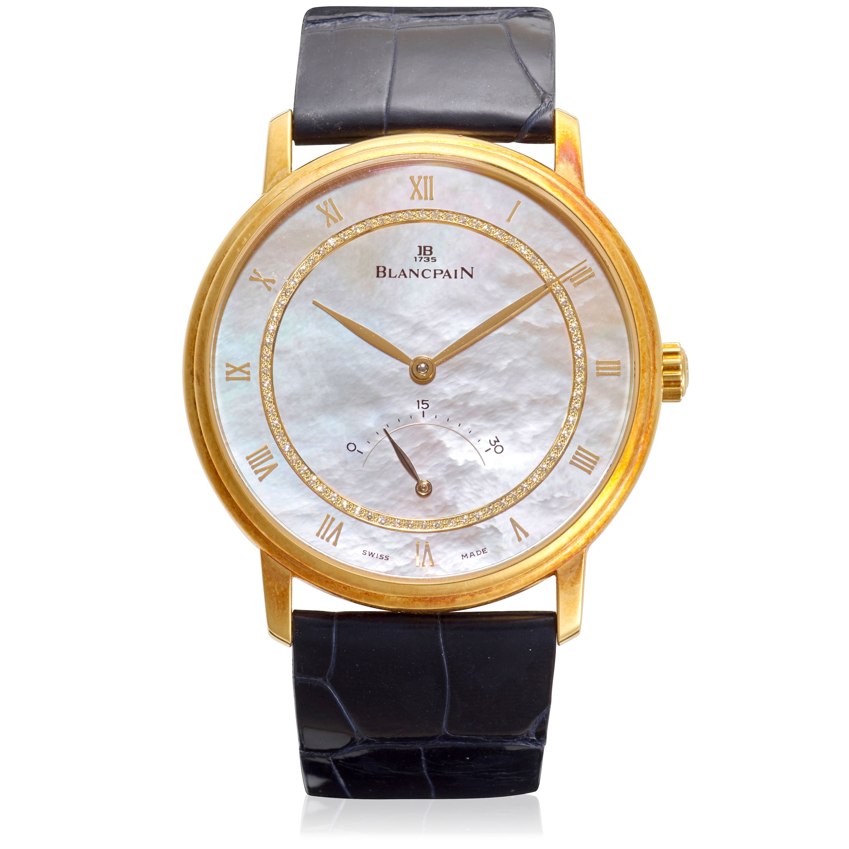 BLANCPAIN. AN 18K GOLD AND MOTHER OF PEARL AUTOMATIC WRISTWATCH WITH RETROGRADE SECONDS Villeret, Ref: 4063, c.2005
