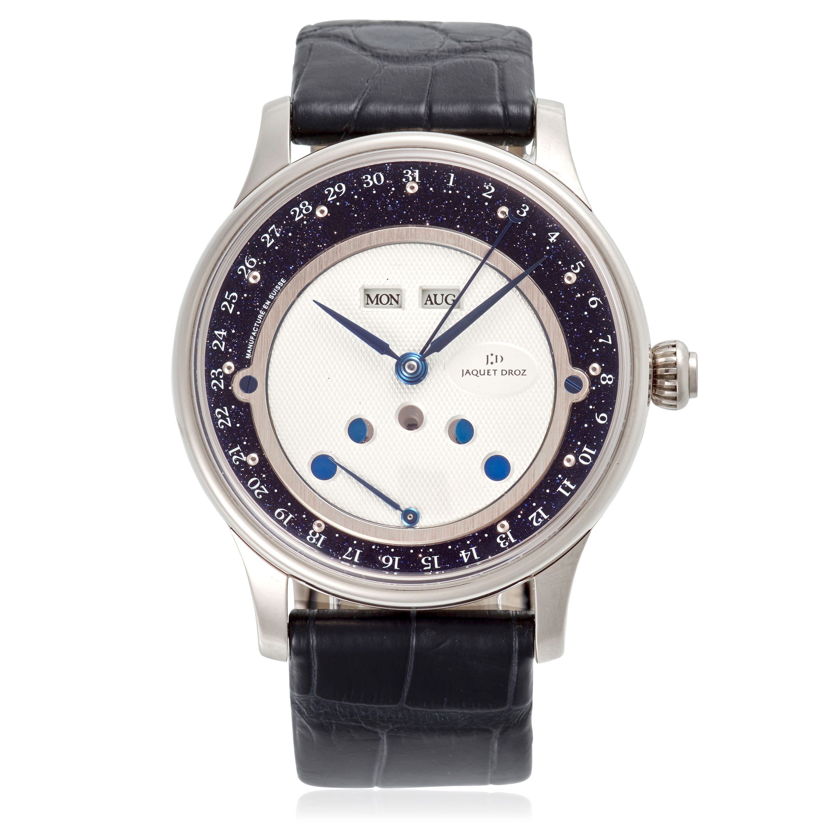JAQUET DROZ. AN UNUSUAL 18K WHITE GOLD AUTOMATIC CALENDAR WRISTWATCH WITH MOON PHASE Aventurine Moonphase 1:1, c. 2015
