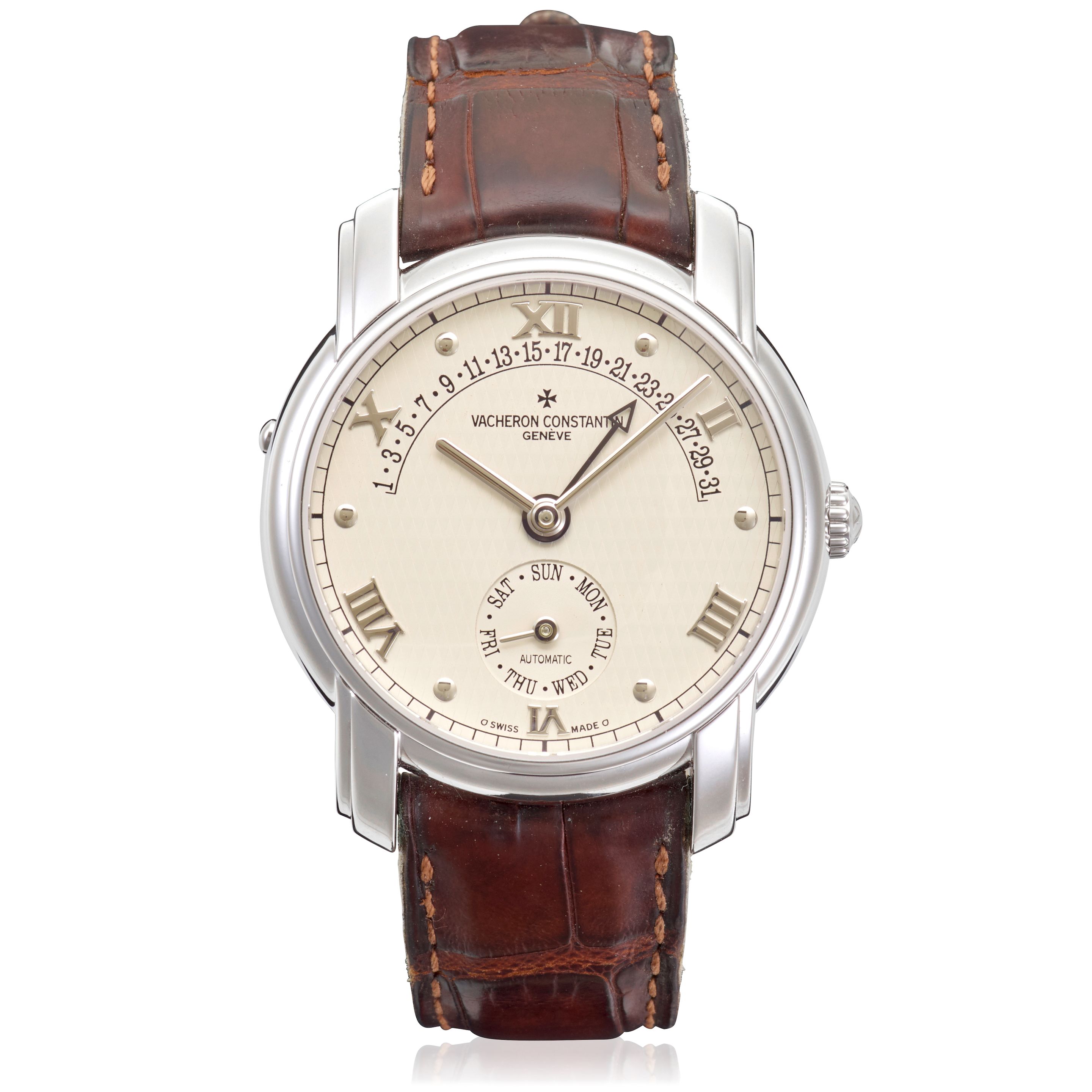 VACHERON CONSTANTIN. AN 18K WHITE GOLD AUTOMATIC RETROGRADE CALENDAR WRISTWATCH Patrimony, Ref: 47245, Purchased 8th January, 2002