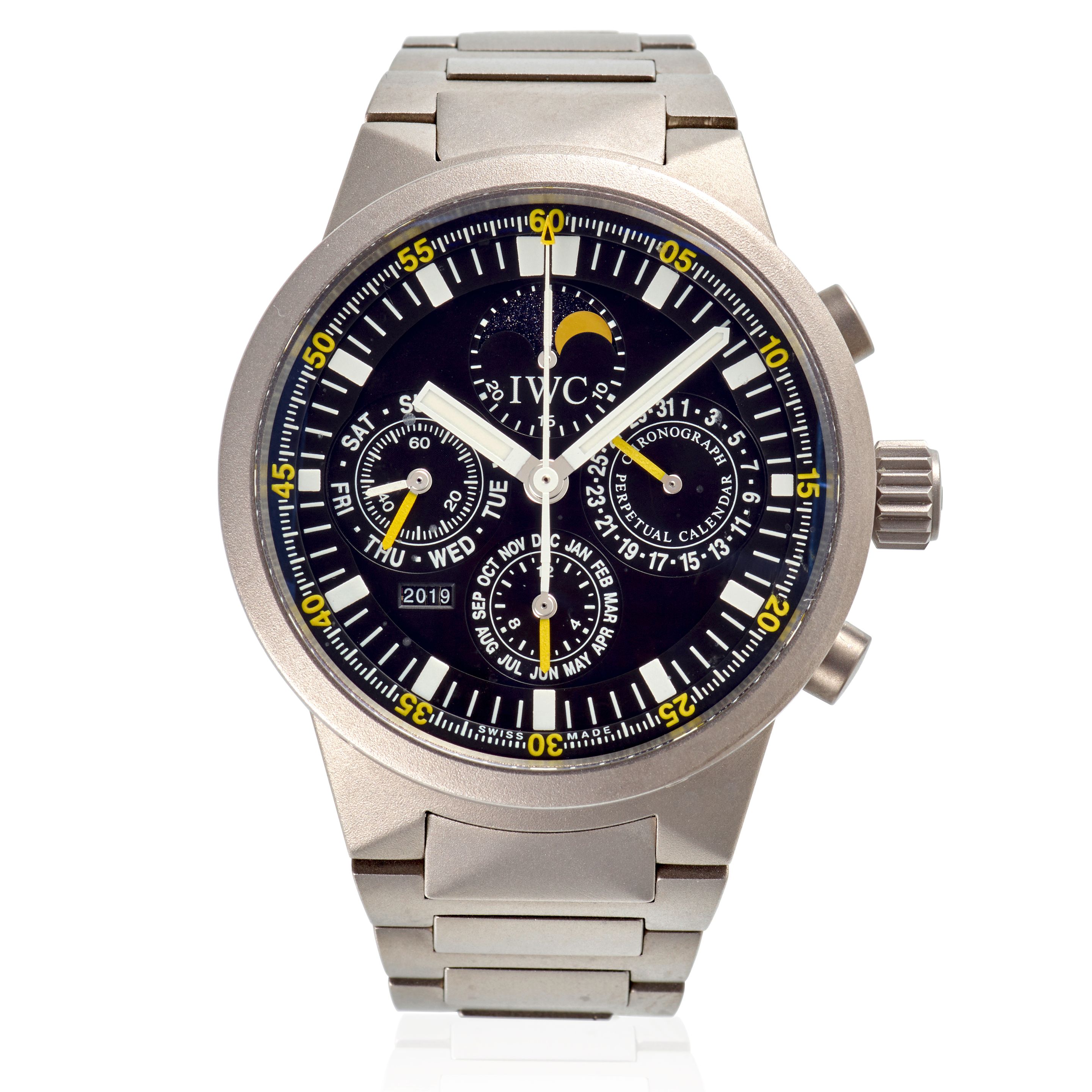 IWC. A TITANIUM AUTOMATIC PERPETUAL CALENDAR CHRONOGRAPH BRACELET WATCH Ingenieur, Ref: 3756, c.2005