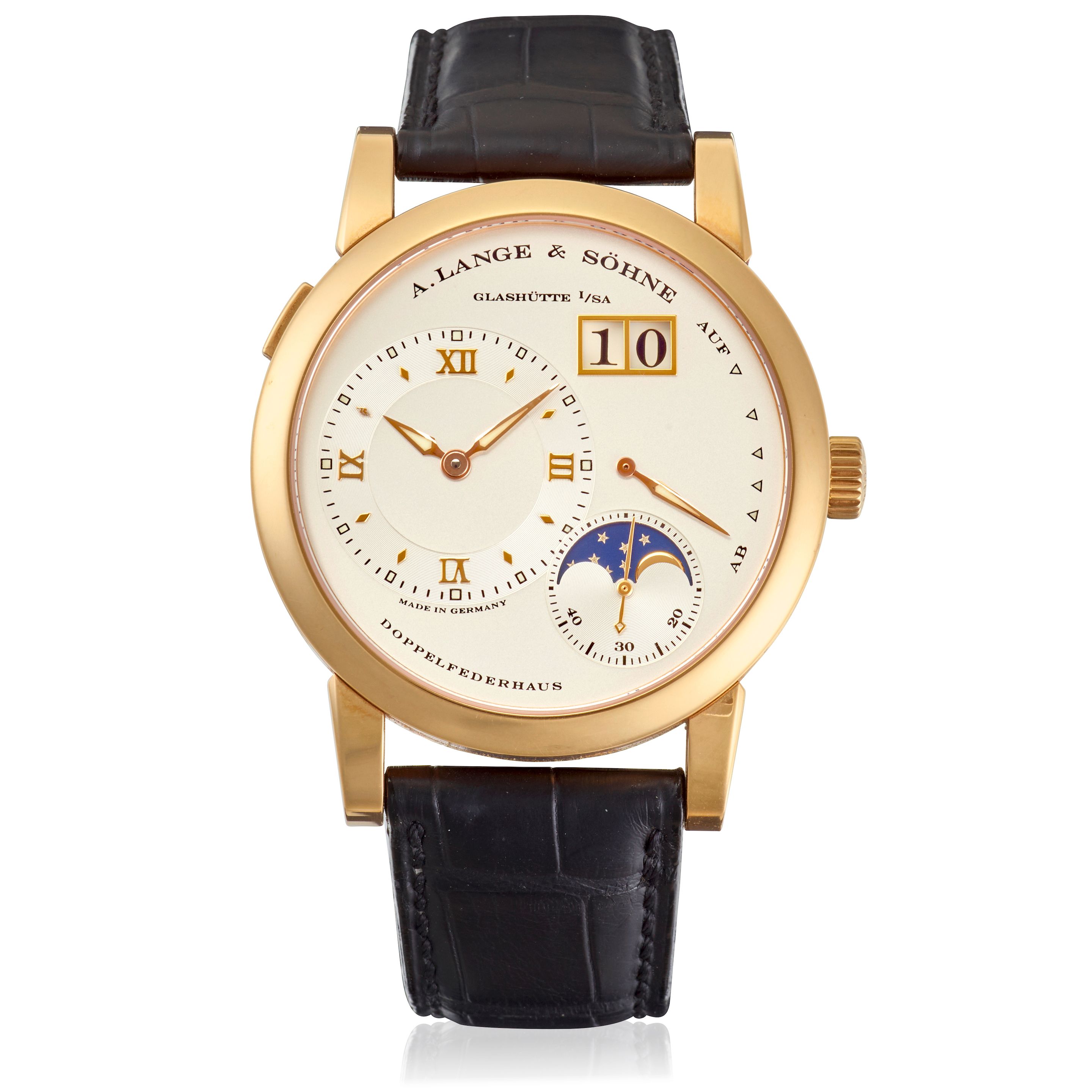 A. LANGE & SÖHNE. A FINE 18K GOLD MANUAL WIND CALENDAR WRISTWATCH WITH MOON PHASE AND POWER RESERVE INDICATION Lange 1, Ref: 109.021, c.2000s