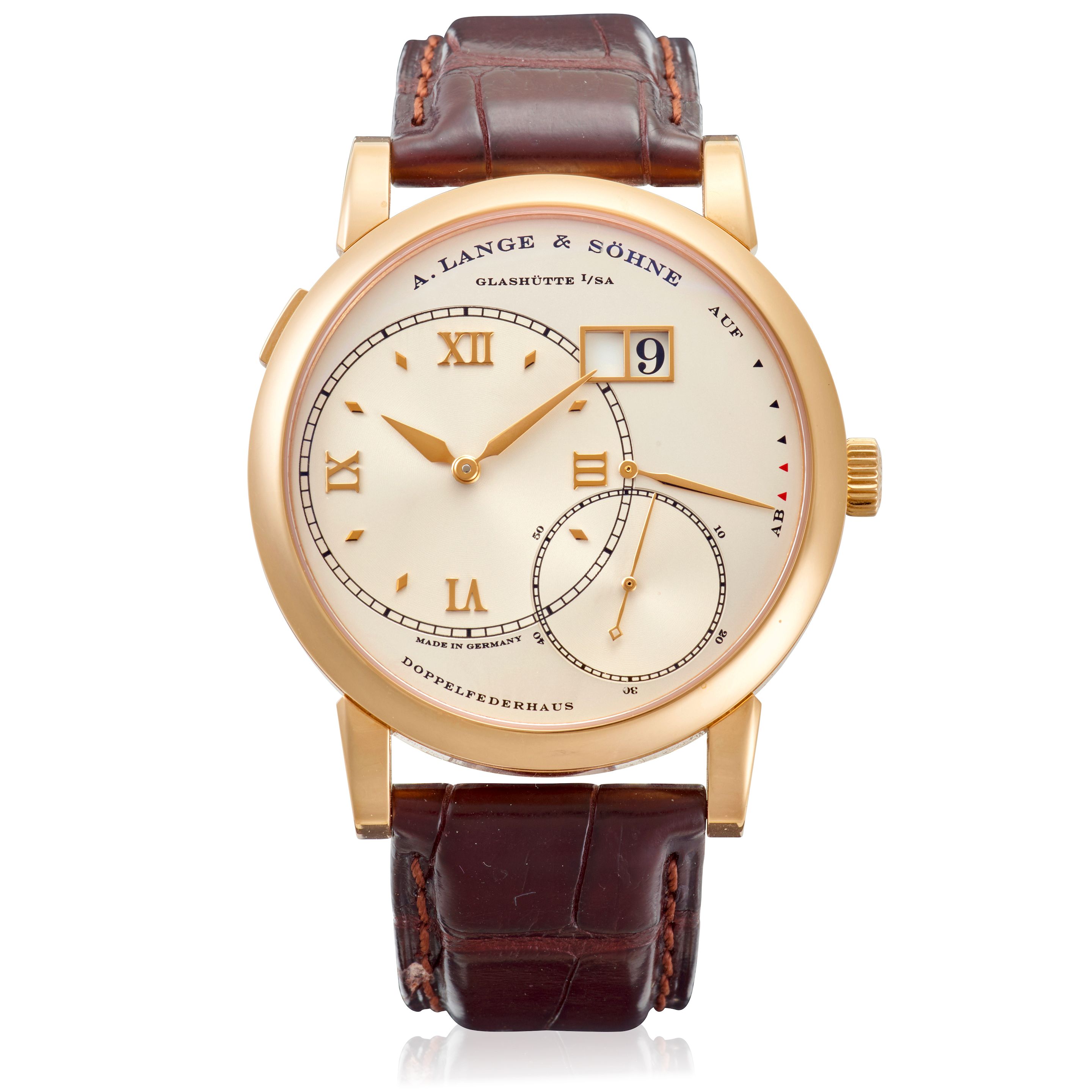 A. LANGE & SÖHNE. A FINE 18K GOLD MANUAL WIND CALENDAR WRISTWATCH WITH POWER RESERVE Lange 1, Ref: 115.032, c.2010s