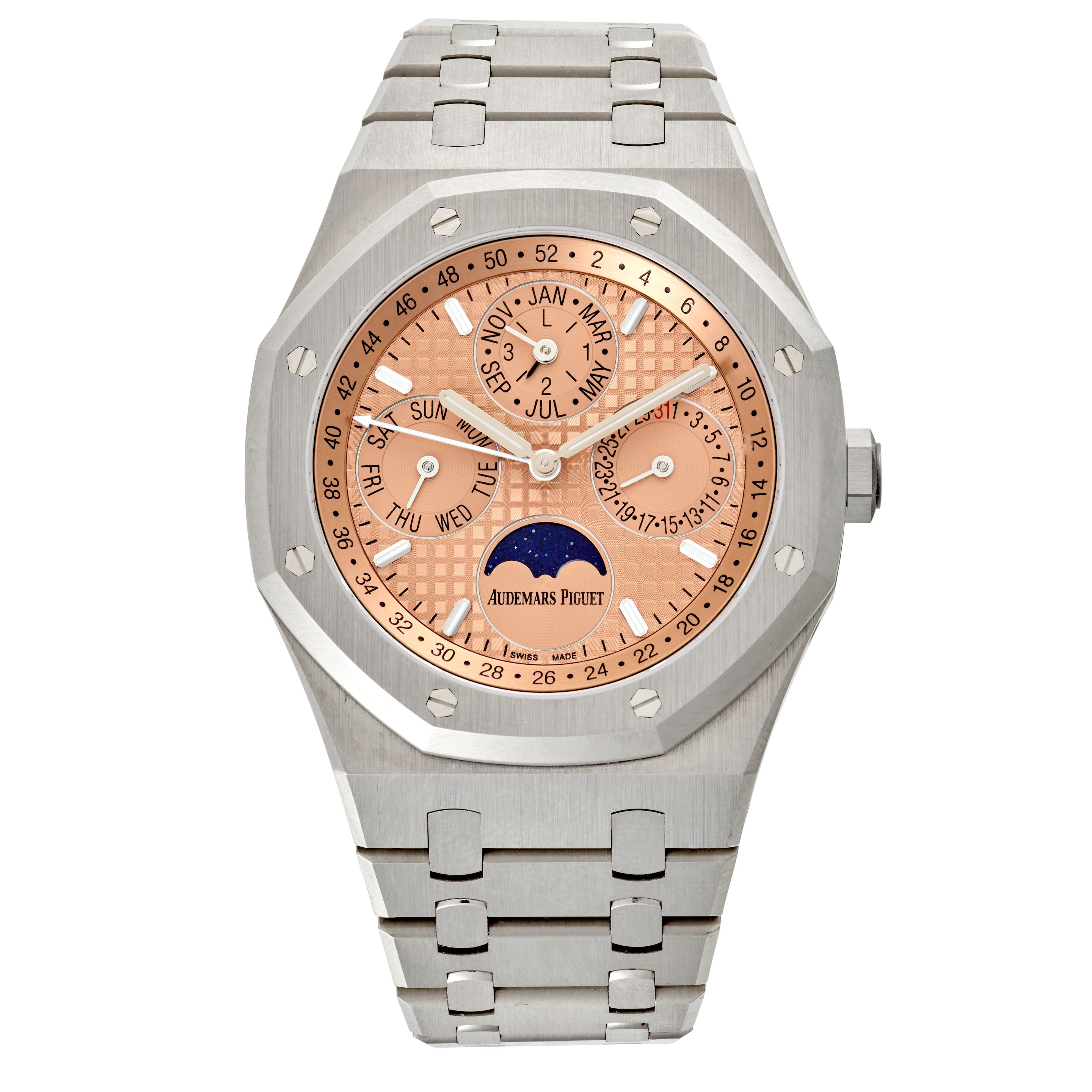 AUDEMARS PIGUET. A LIMITED EDITION TITANIUM ROYAL OAK AUTOMATIC PERPETUAL CALENDAR BRACELET WATCH Royal Oak, Ref: 26615TI.OO.1220TI.01, c.2010