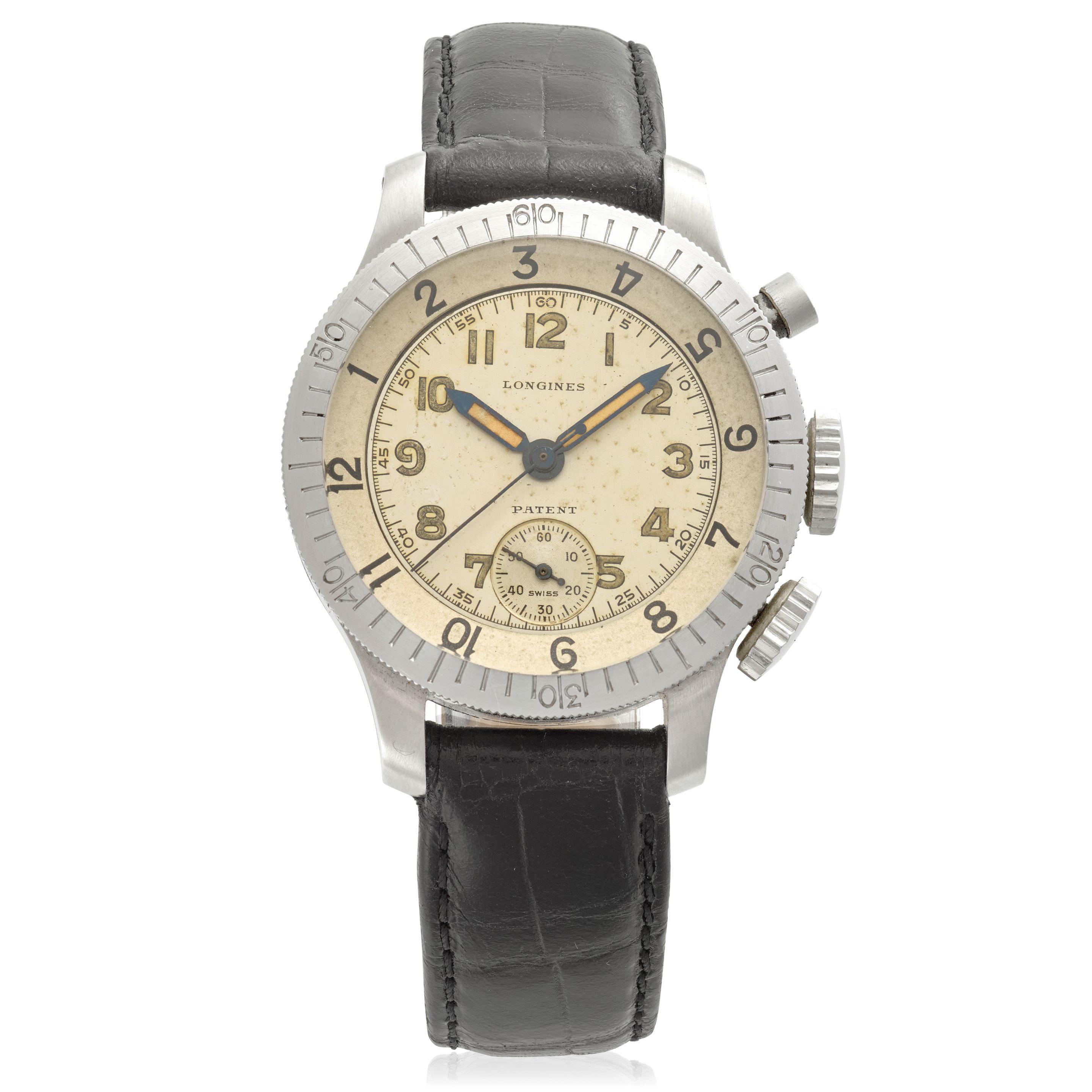 LONGINES. A RARE STAINLESS STEEL MANUAL FLYBACK WRISTWATCH Weems, Ref: 4461, Sold April 28, 1945