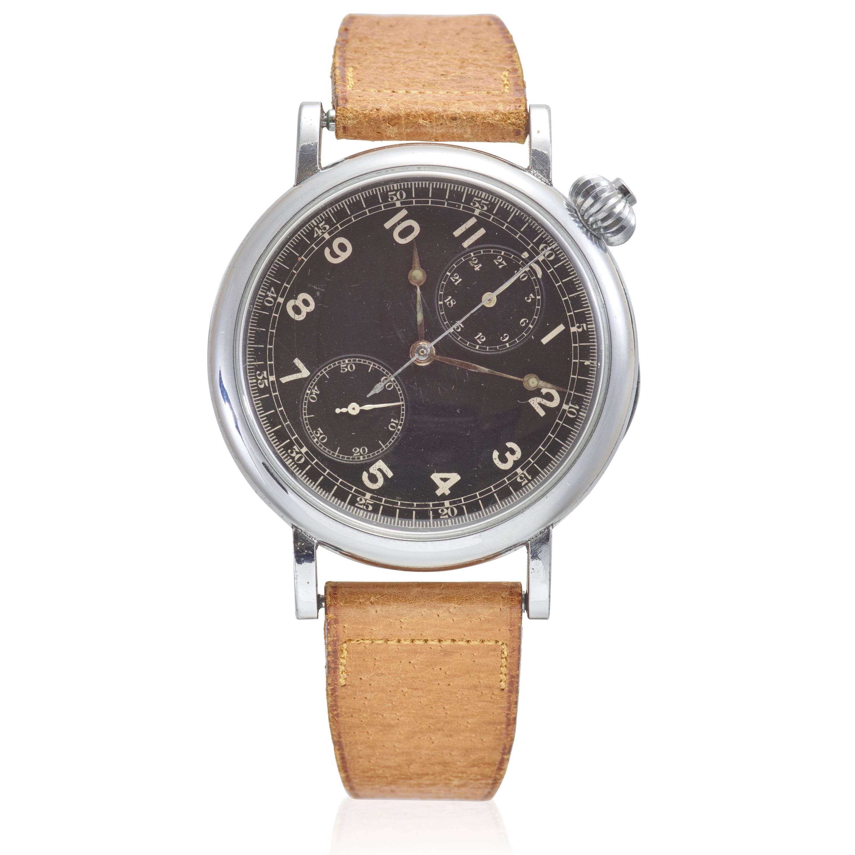 LONGINES. A RARE STEEL MANUAL WINDING CHRONOGRAPH WRISTWATCH Avigation Hack, Ref: Type A-7, c. 1935