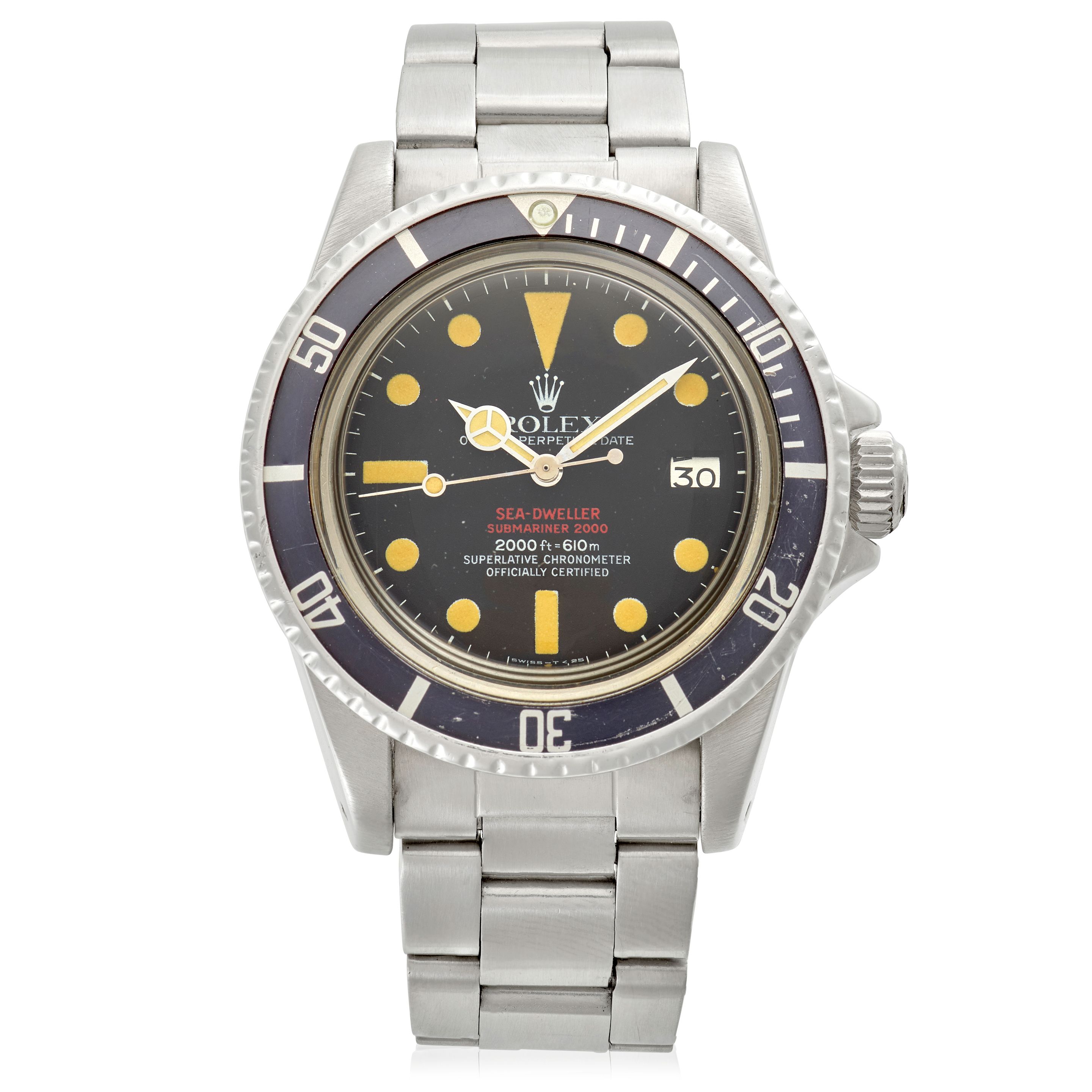 ROLEX. A RARE STAINLESS-STEEL AUTOMATIC CALENDAR BRACELET WATCH 'Double-Red' Sea-Dweller, Ref: 1665, c.1977