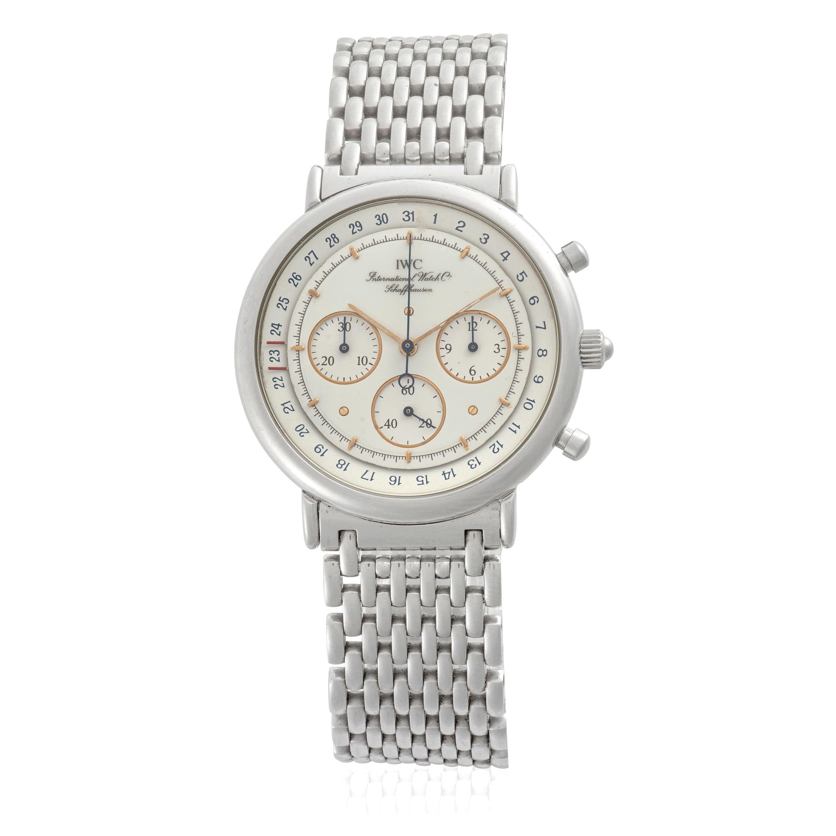 IWC. A STAINLESS STEEL QUARTZ CALENDAR CHRONOGRAPH BRACELET WATCH Circa 1990