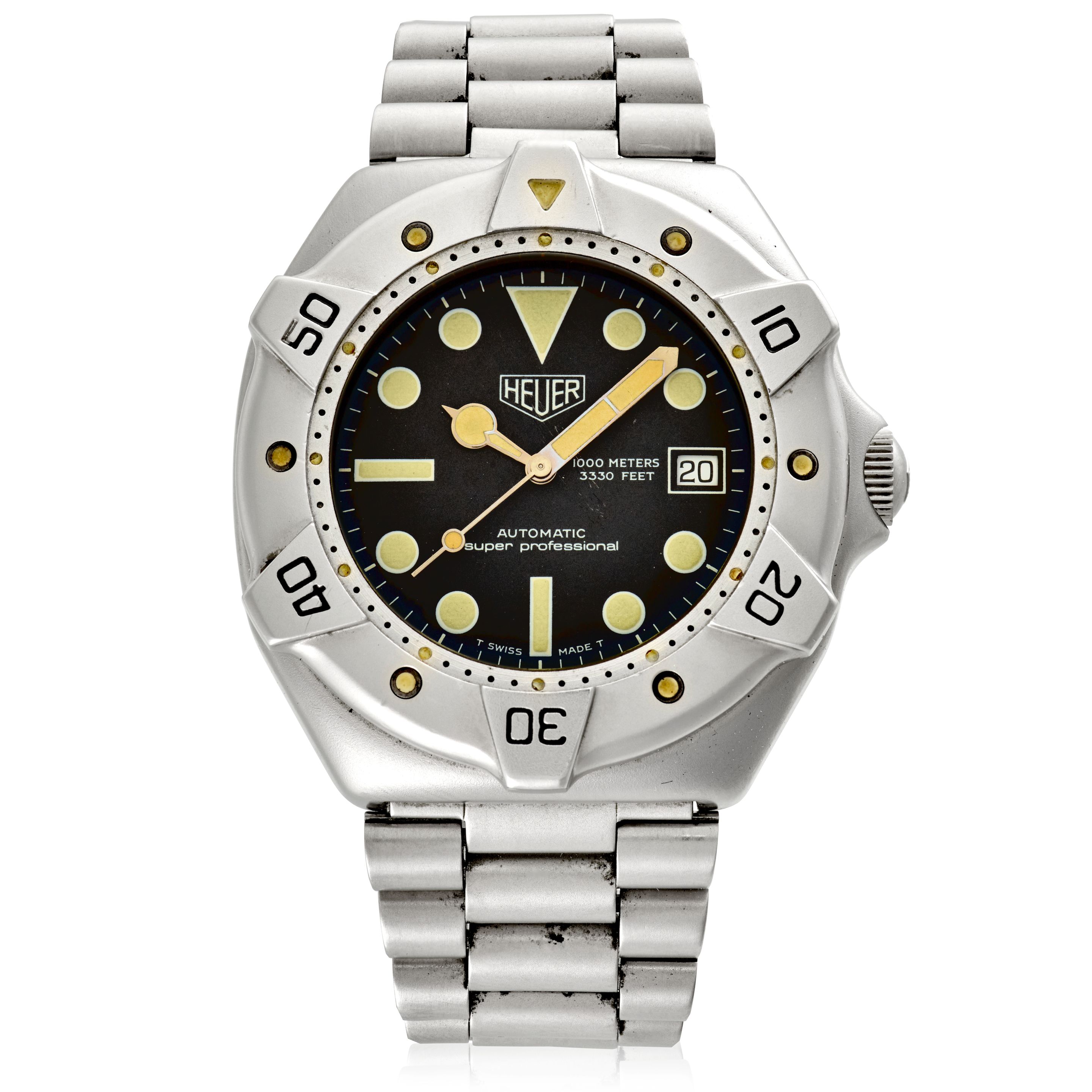 HEUER. A STAINLESS-STEEL AUTOMATIC CALENDAR BRACELET WATCH Super Professional , Ref: 840.006, Circa 1984