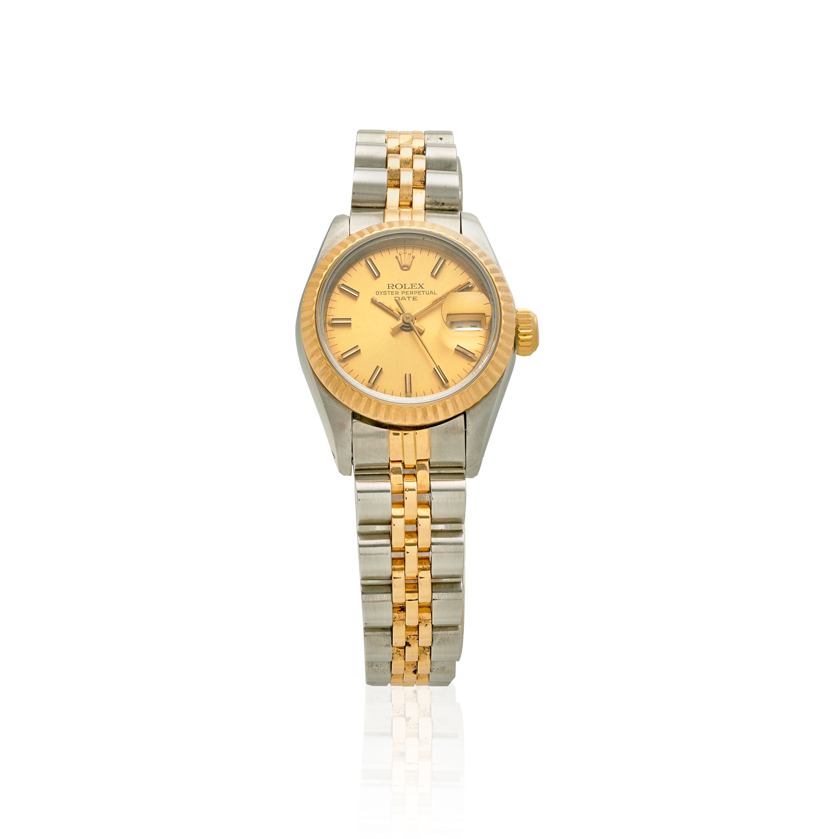 ROLEX. A LADY'S 18K GOLD AND STEEL AUTOMATIC CALENDAR BRACELET WATCH Datejust, Ref: 69173, Purchased 10th September, 1984