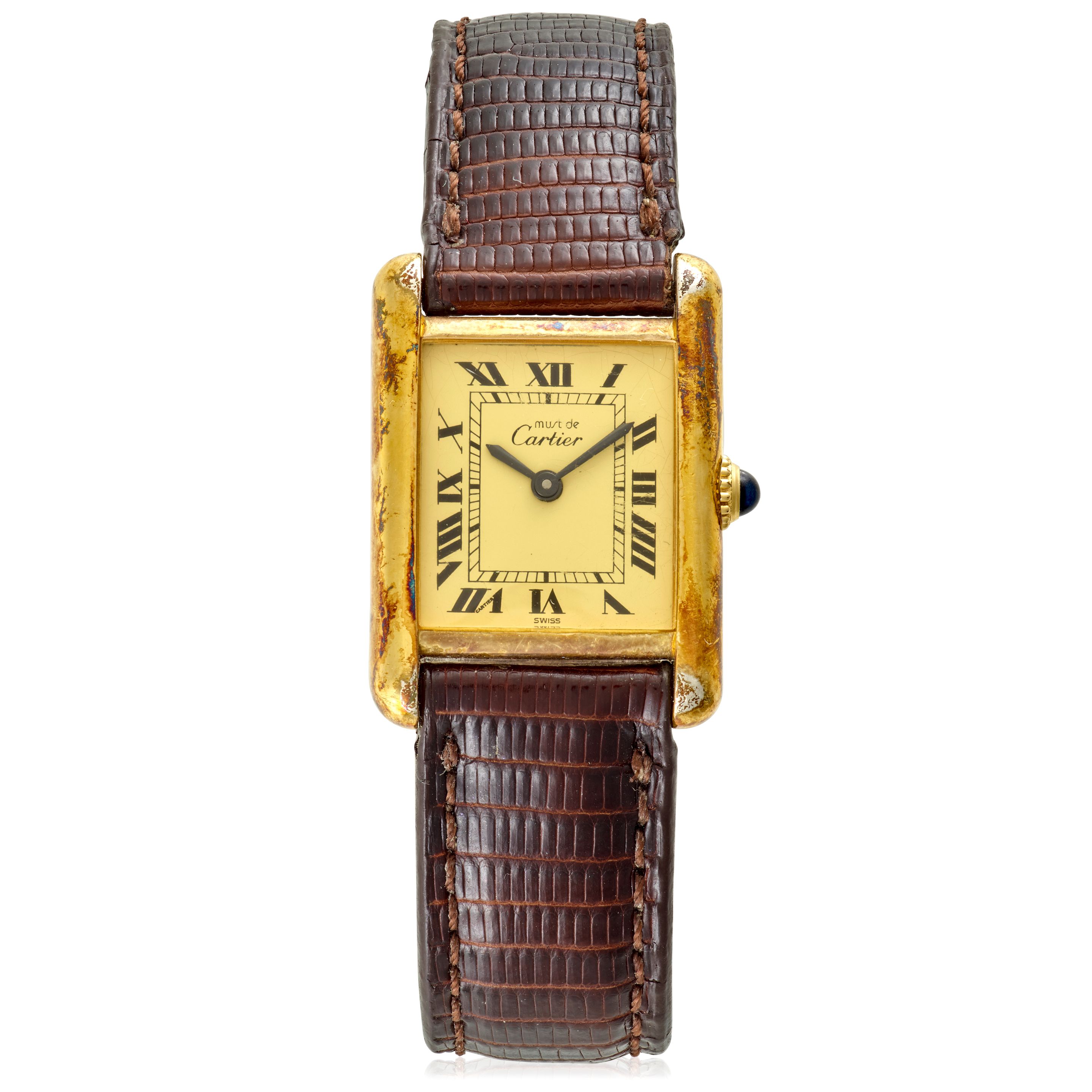 CARTIER. A GOLD-PLATED MANUAL WIND WRISTWATCH Must de Cartier Tank,