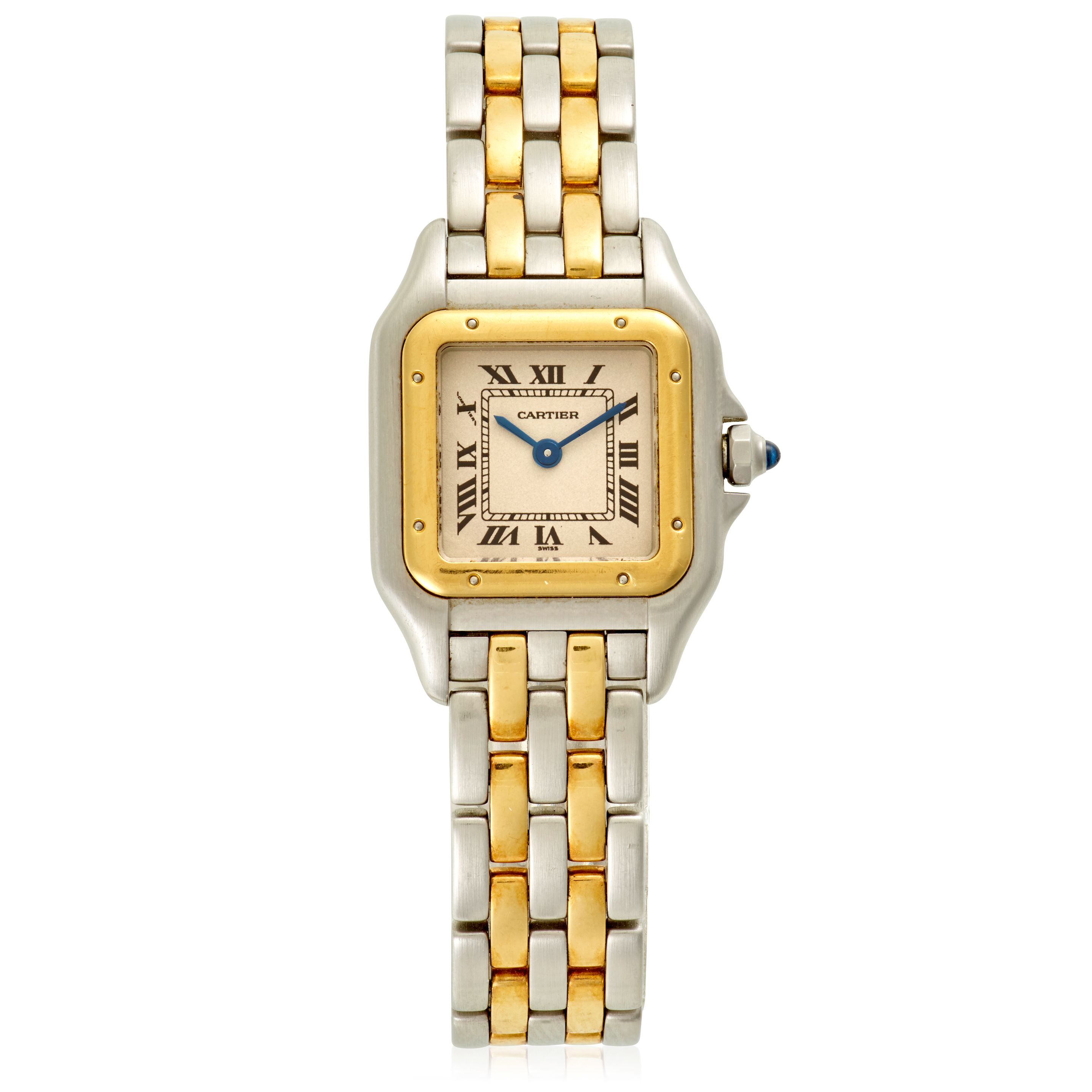CARTIER. A LADY'S STAINLESS-STEEL AND GOLD QUARTZ BRACELET WATCH Panthère, Ref: 1120, Circa 1990