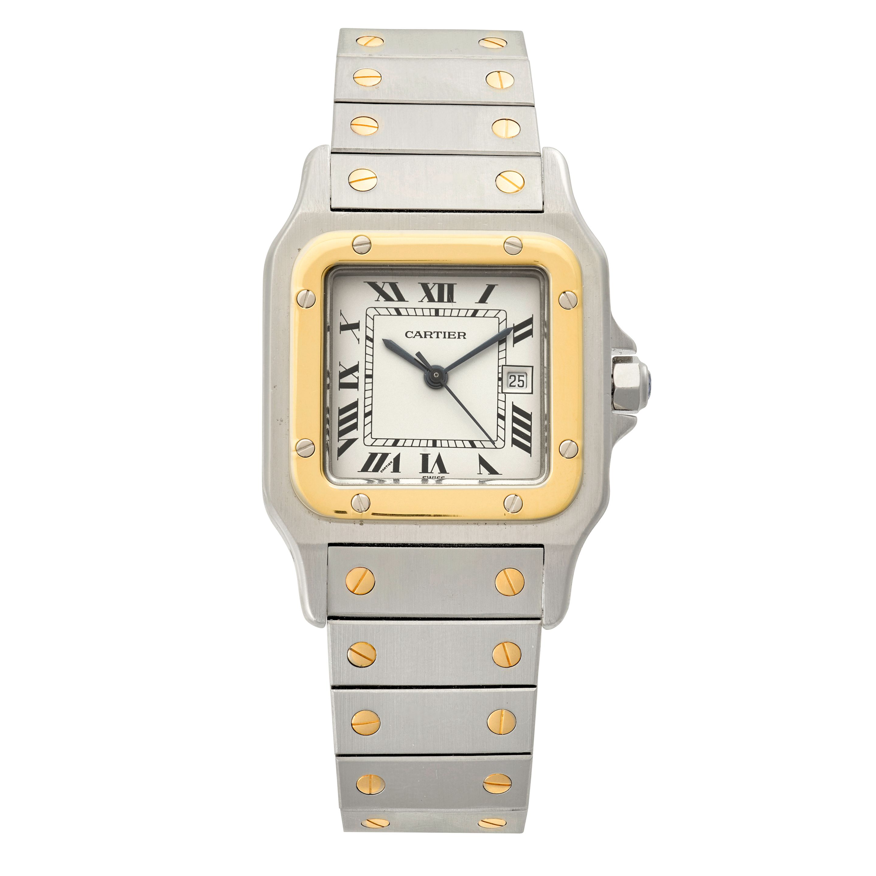 CARTIER. A STAINLESS STEEL AND GOLD AUTOMATIC CALENDAR SQUARE BRACELET WATCH Santos, Circa 1990