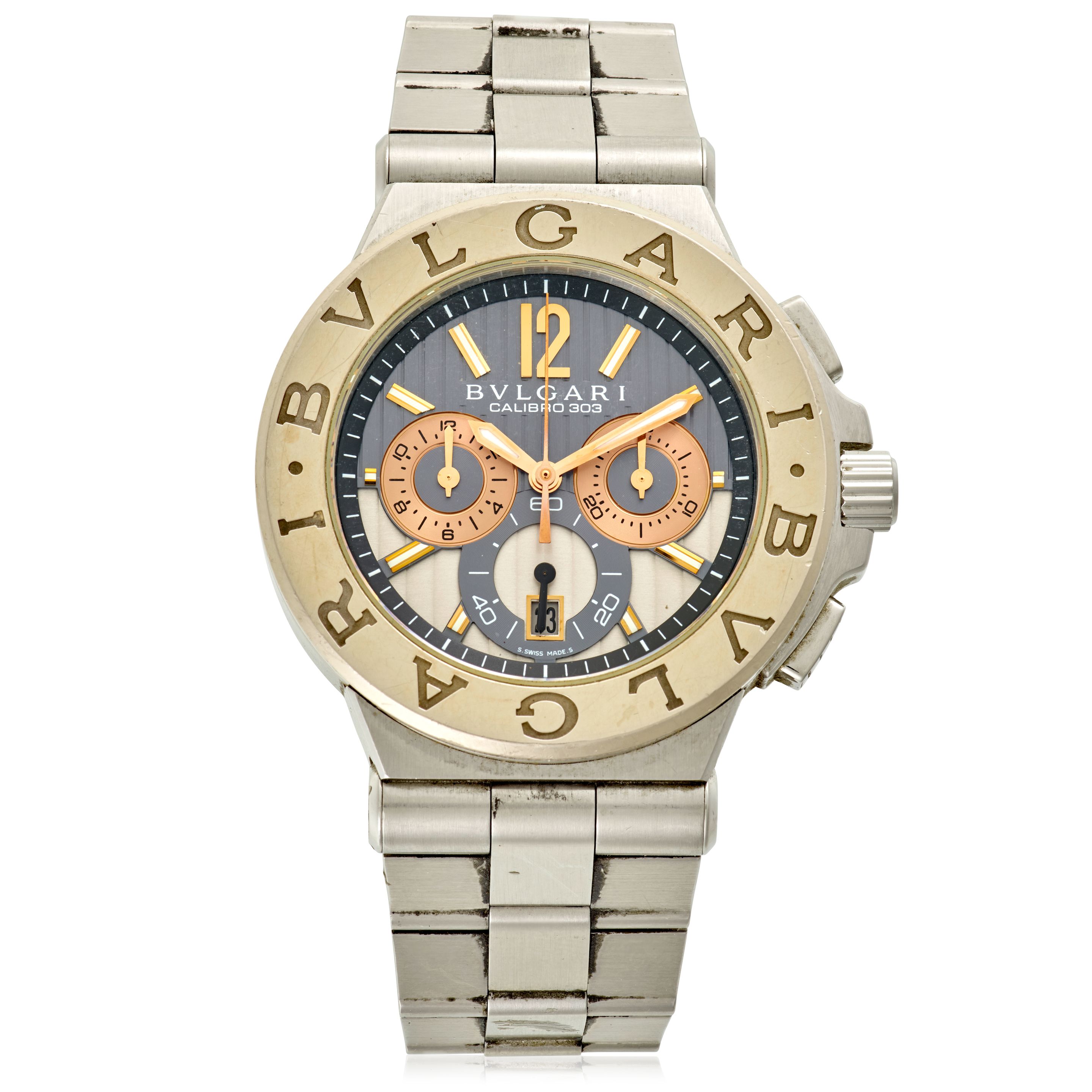 BULGARI. A STAINLESS STEEL AUTOMATIC CALENDAR CHRONOGRAPH BRACELET WATCH Calibro 303, Ref: DG 42 SWG CH, c. 2015