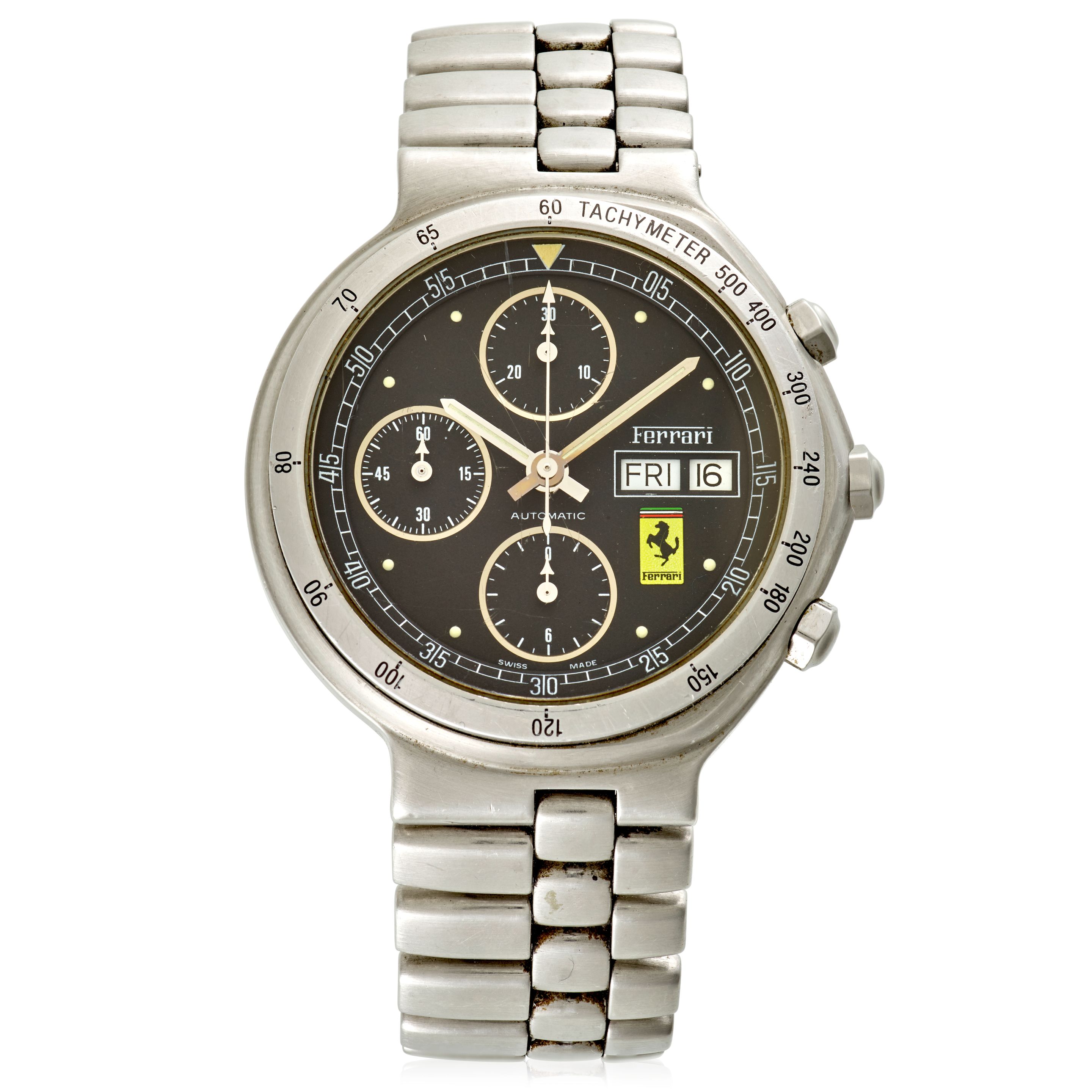 FERRARI BY CARTIER. A STAINLESS STEEL AUTOMATIC CALENDAR BRACELET WATCH Ferrari Formula, c. 1989