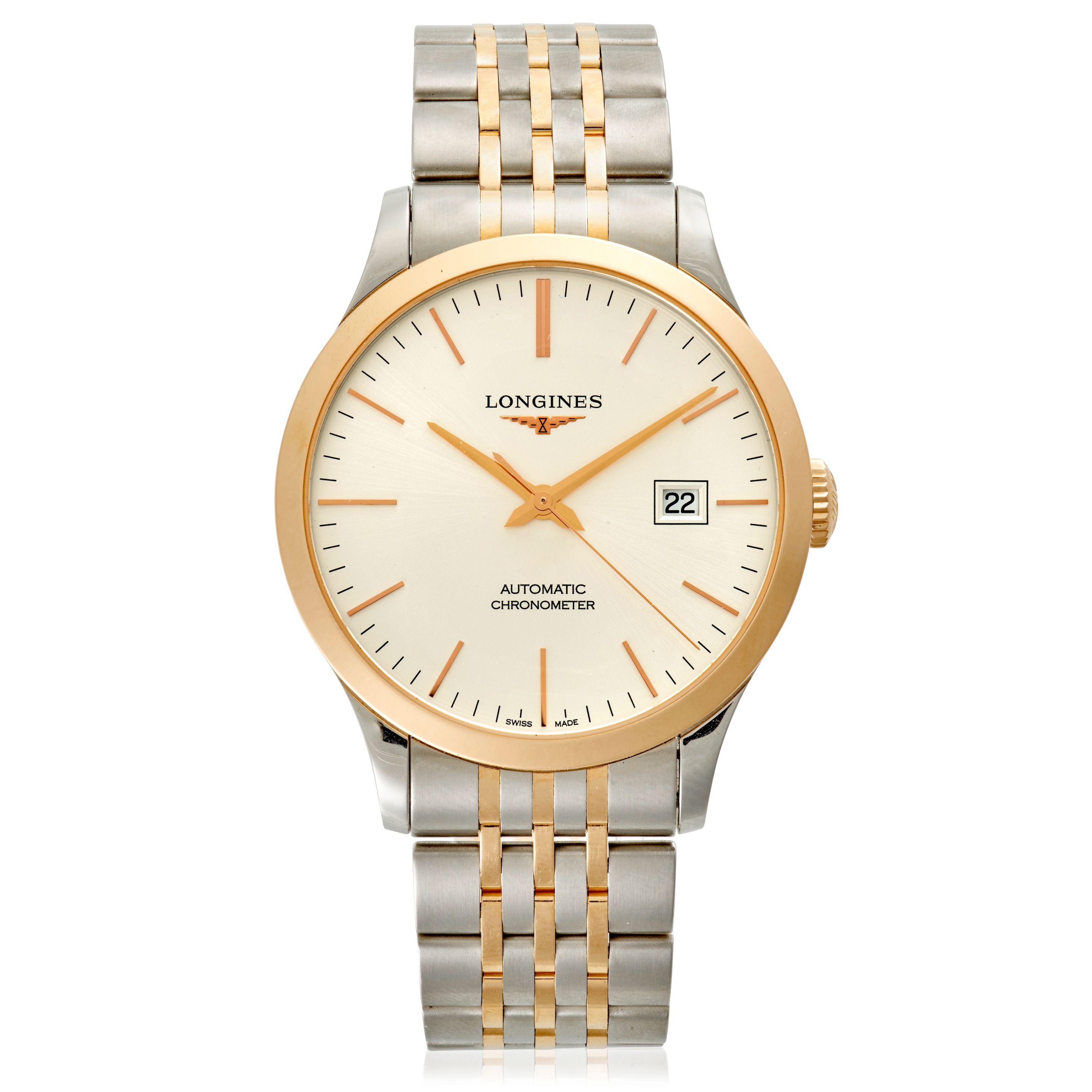 LONGINES. A STEEL AND GOLD AUTOMATIC CALENDAR BRACELET WATCH Record, Ref: L2.821.5, c. 2015