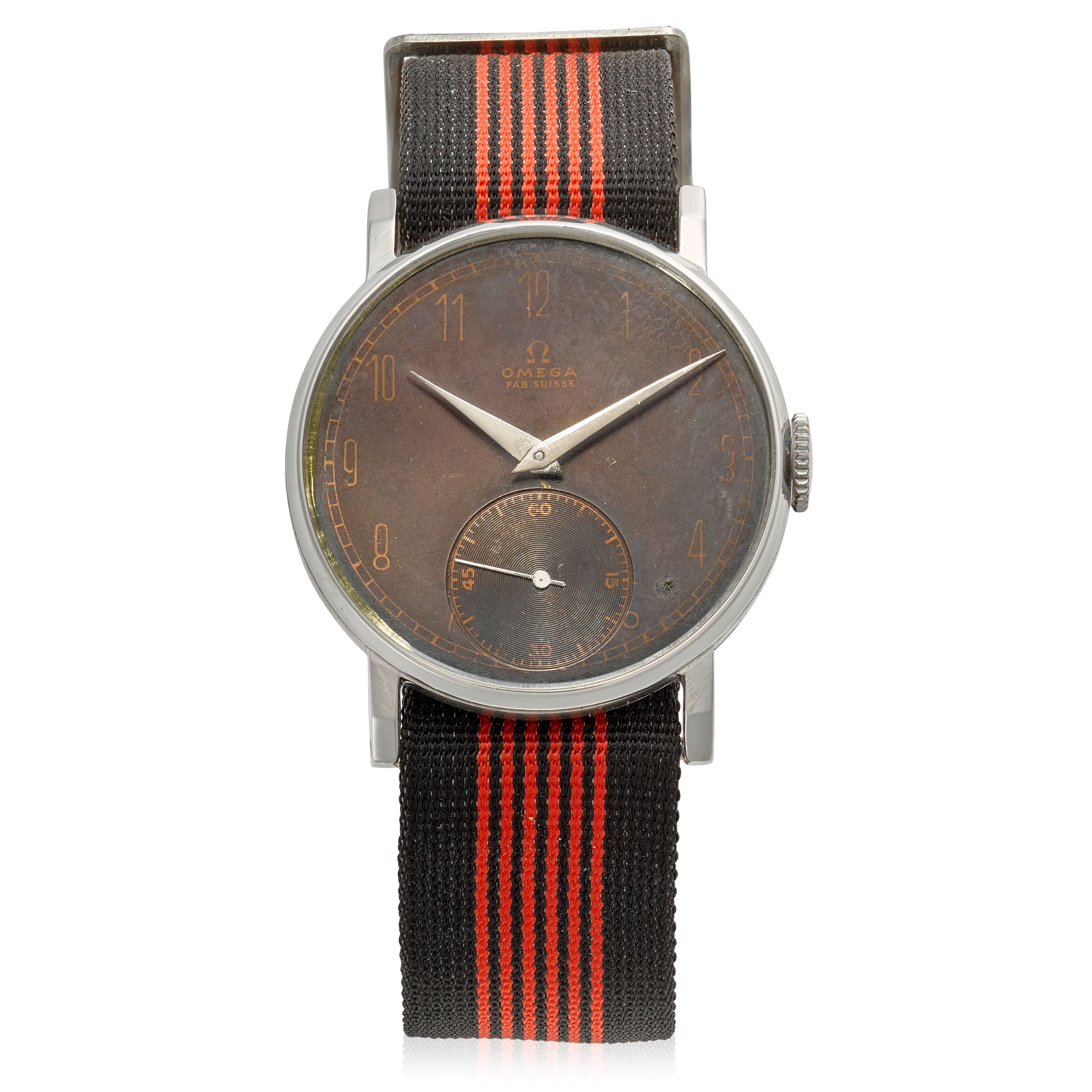 OMEGA. A STAINLESS STEEL MANUAL WIND WRISTWATCH WITH TROPICALIZED DIAL Ref: 101.09.111, Circa 1939