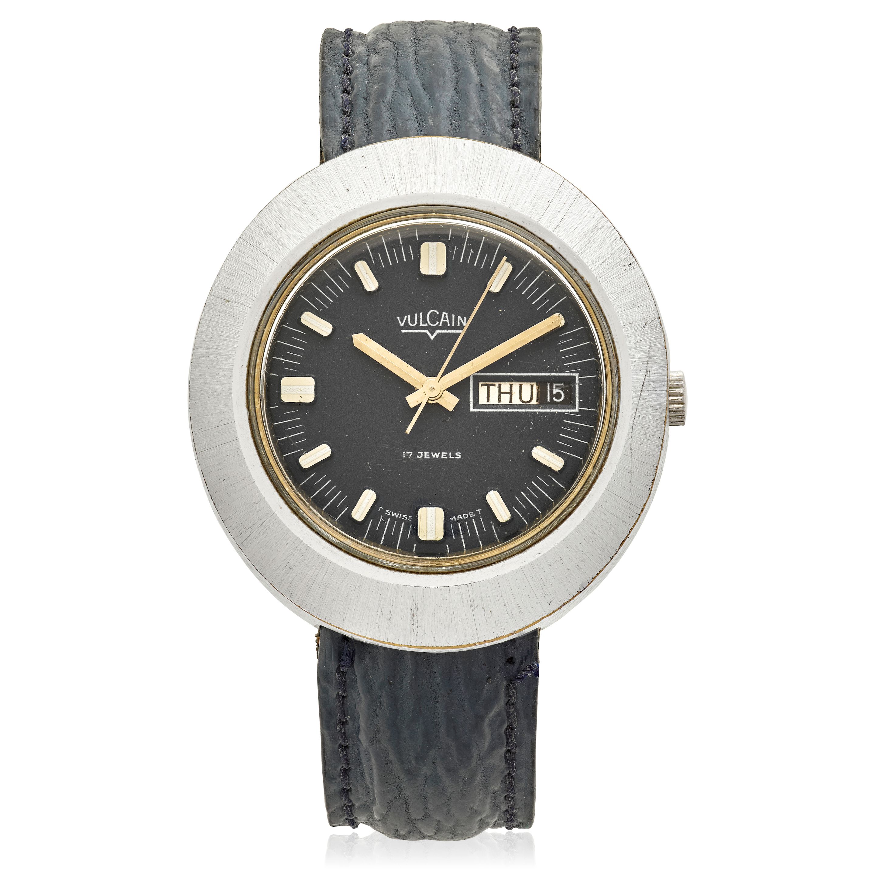 VULCAIN. A CHROME PLATED AUTOMATIC CALENDAR WRISTWATCH Disco Volante, Ref: H 75 131, c. 1975