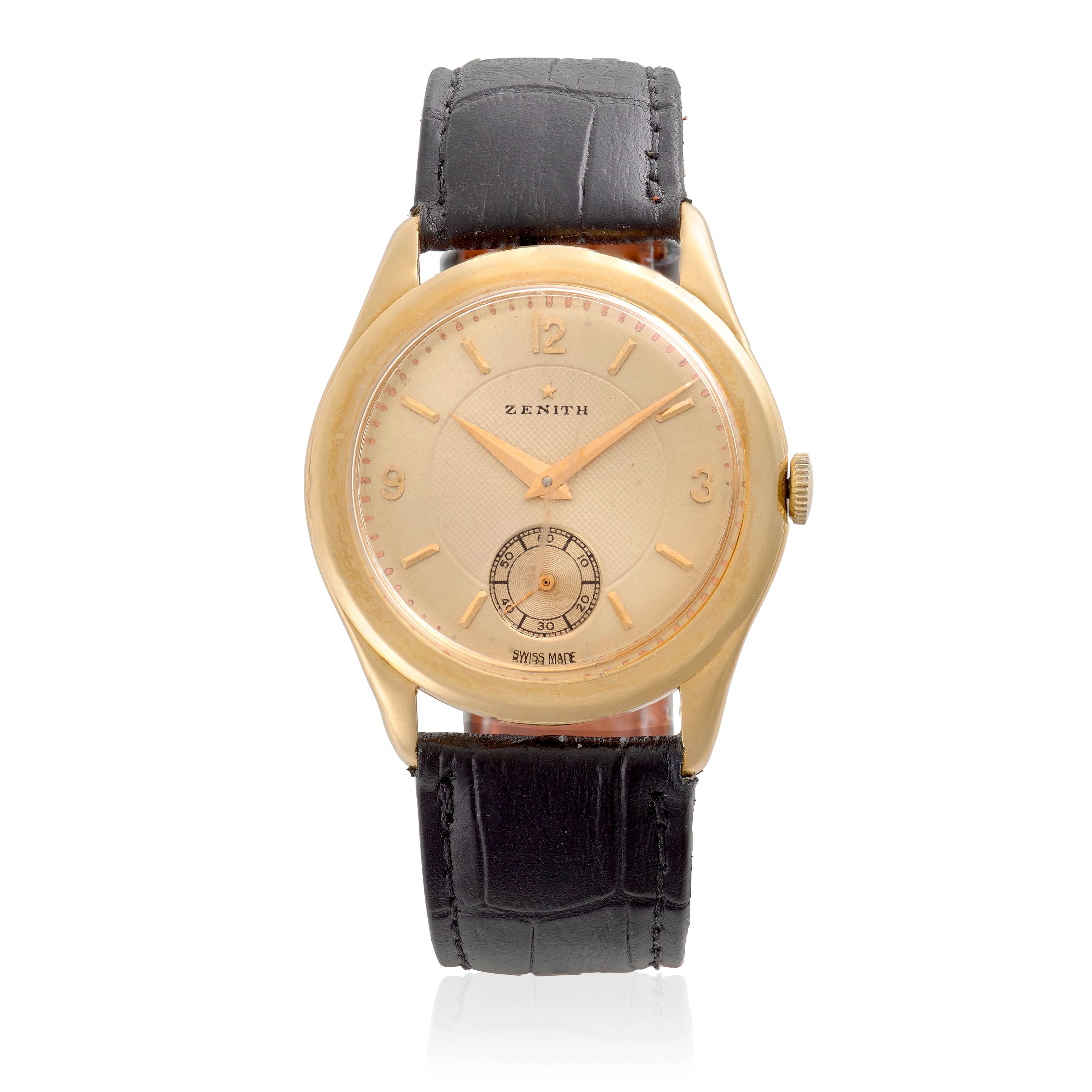 ZENITH. A LOT OF 2 18K GOLD MANUAL WIND WRISTWATCHES TO INCLUDE AN EXAMPLE WITH HORN LUGS (2) Circa 1950 and 1960