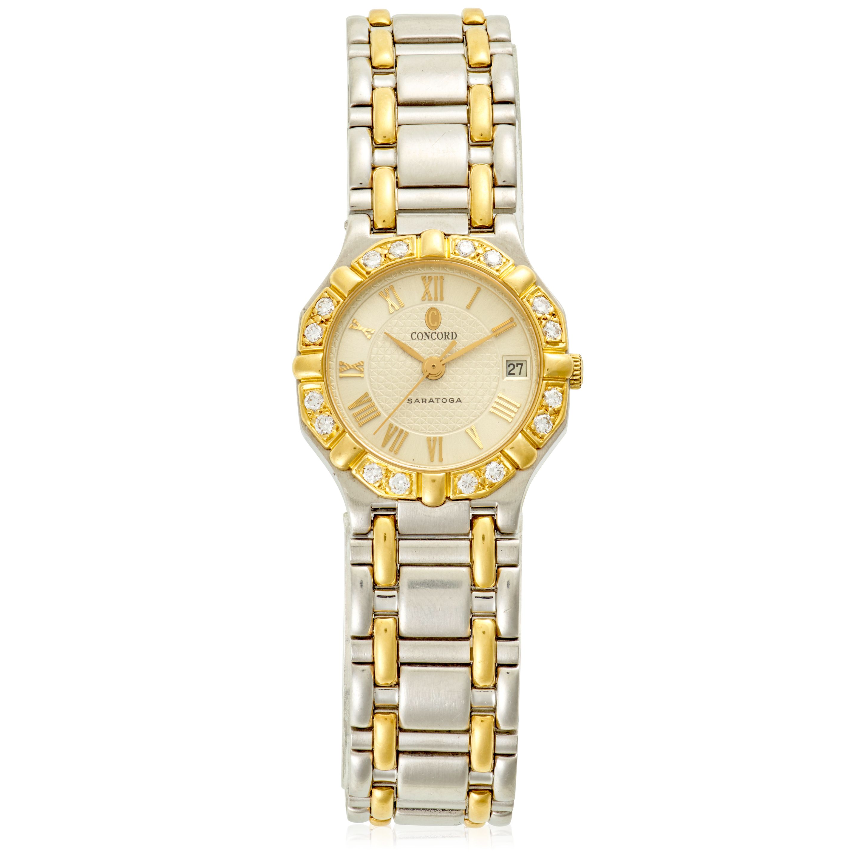 CONCORD. A STEEL AND GOLD QUARTZ CALENDAR BRACELET WATCH Saratoga, c. 1995