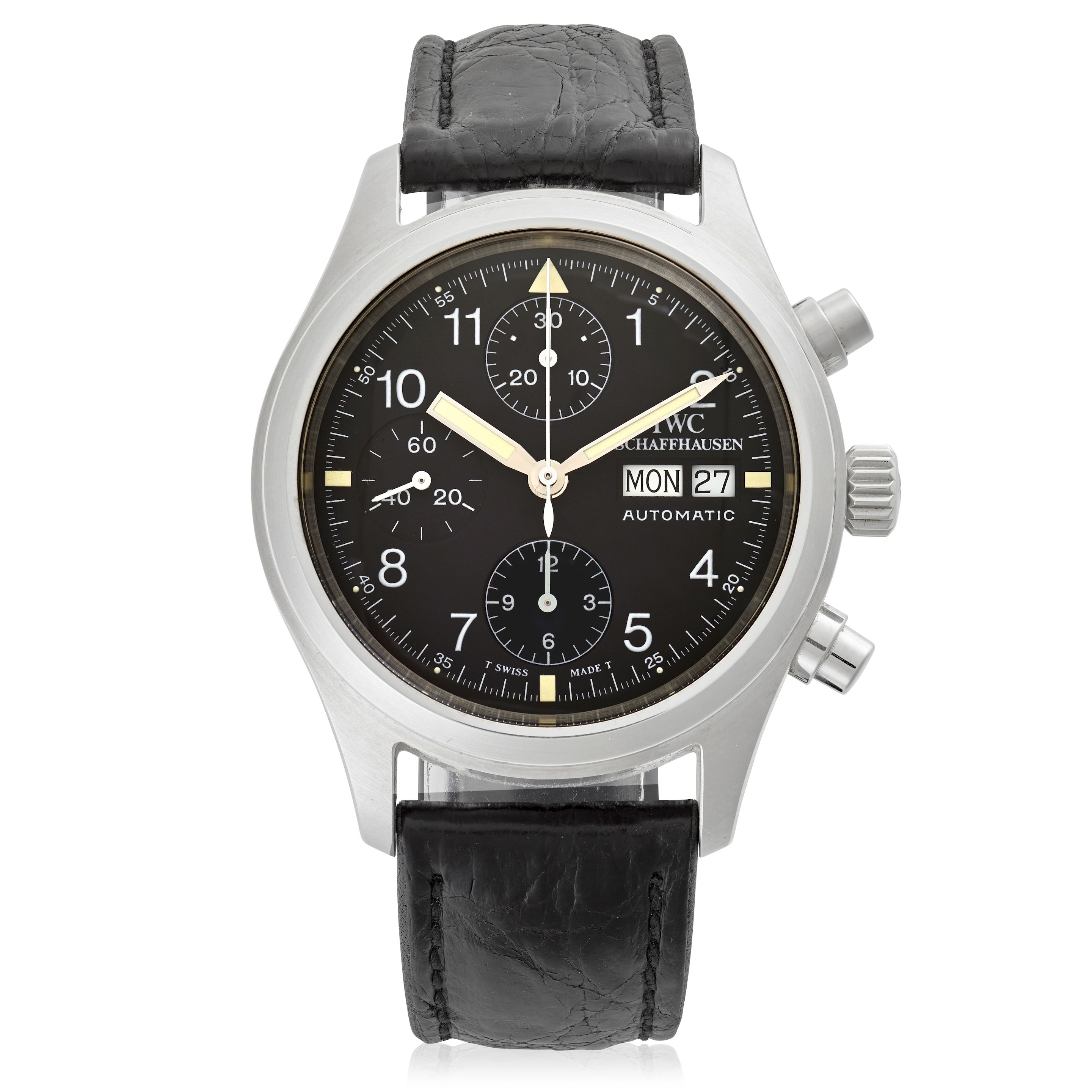 IWC. A STAINLESS-STEEL AUTOMATIC CALENDAR CHRONOGRAPH WRISTWATCH Fliegeruhr, Ref: 3706, c.2000