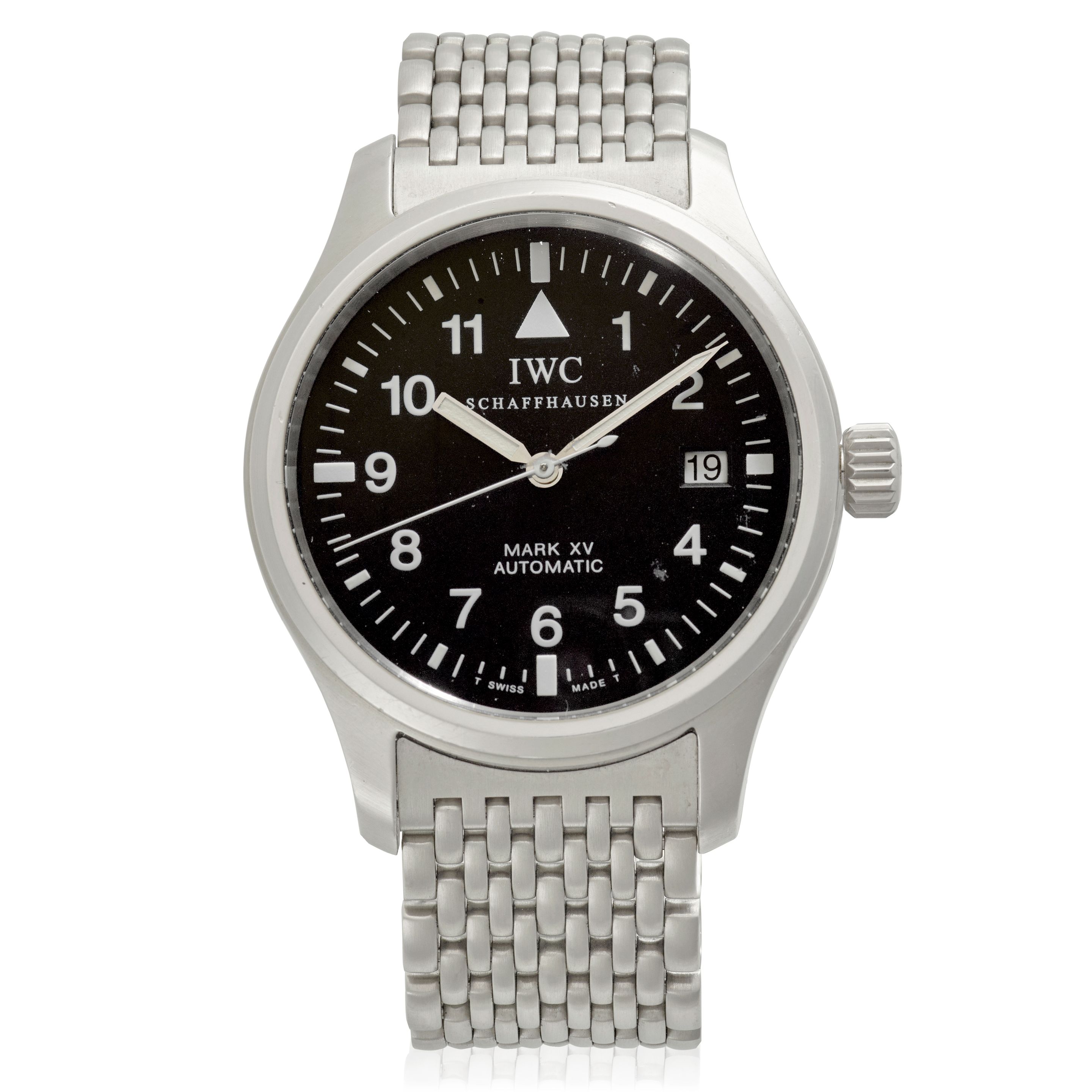 IWC. A STAINLESS STEEL AUTOMATIC CALENDAR BRACELET WATCH Mark XV, Die Fliegeruhr, Ref: 3253, Purchased 24th June, 2000