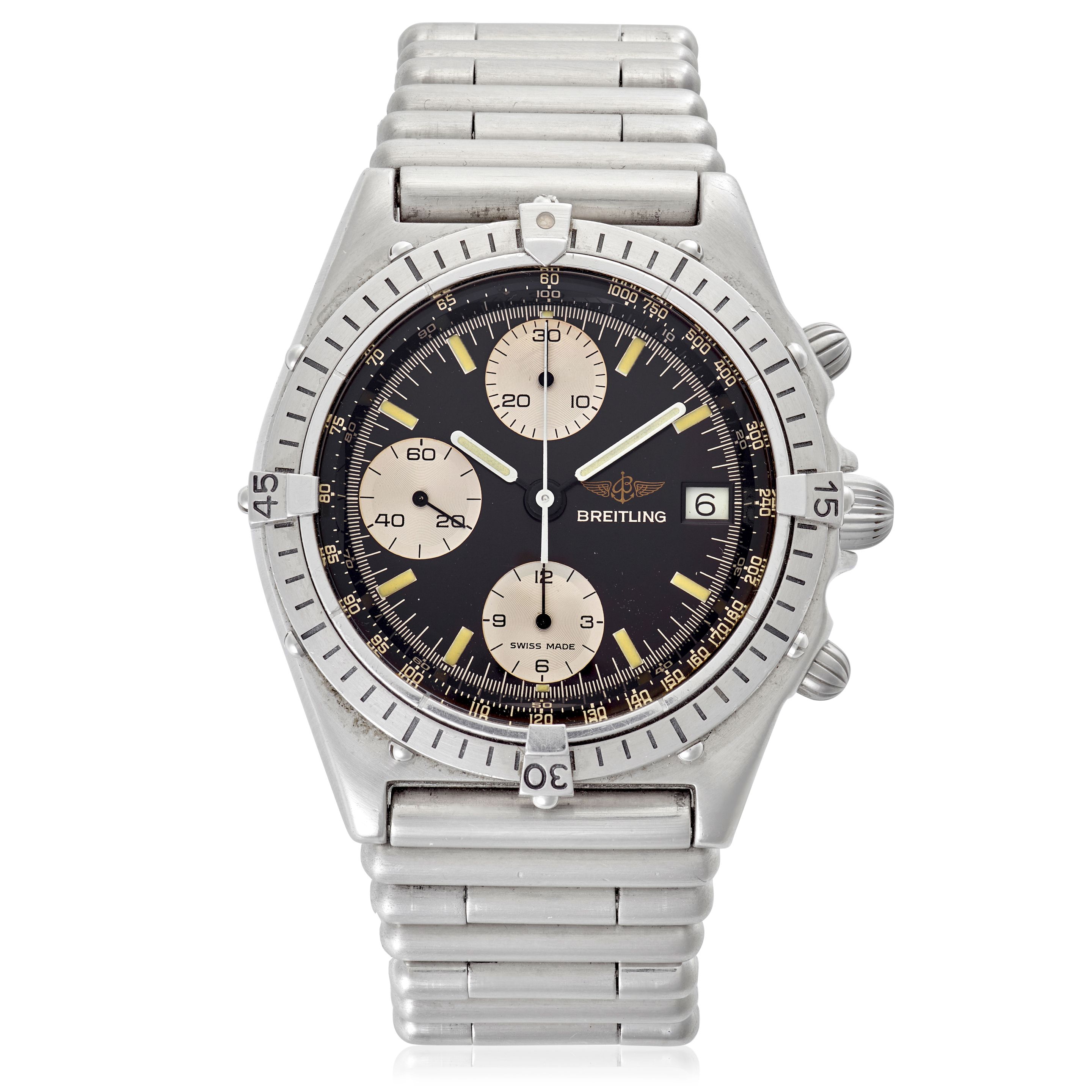 BREITLING. A STAINLESS STEEL AUTOMATIC CALENDAR CHRONOGRAPH BRACELET WATCH Chronomat, Ref: 81.950, 1980's