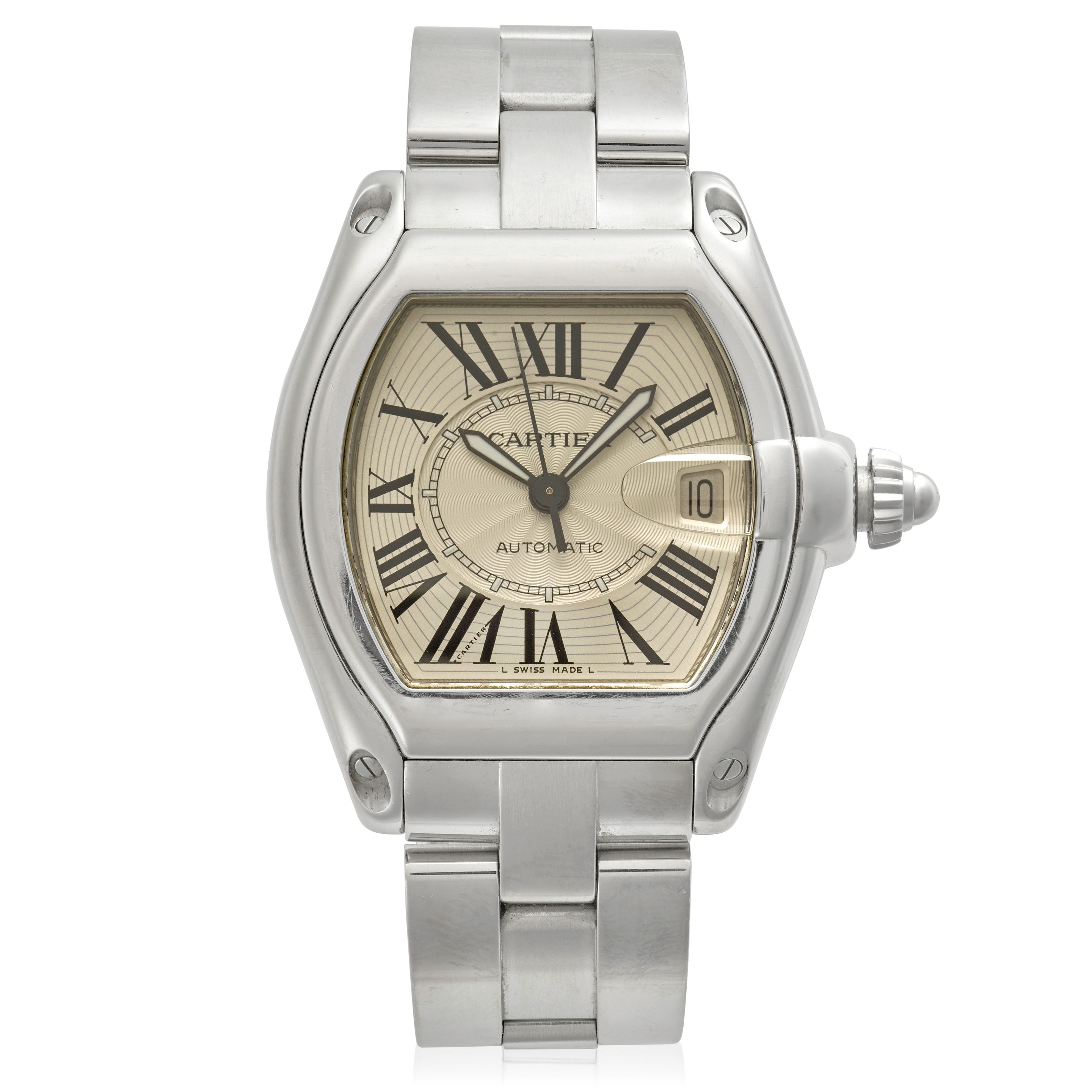 CARTIER. A STAINLESS-STEEL AUTOMATIC CALENDAR BRACELET WATCH Roadster, Ref: 2510,