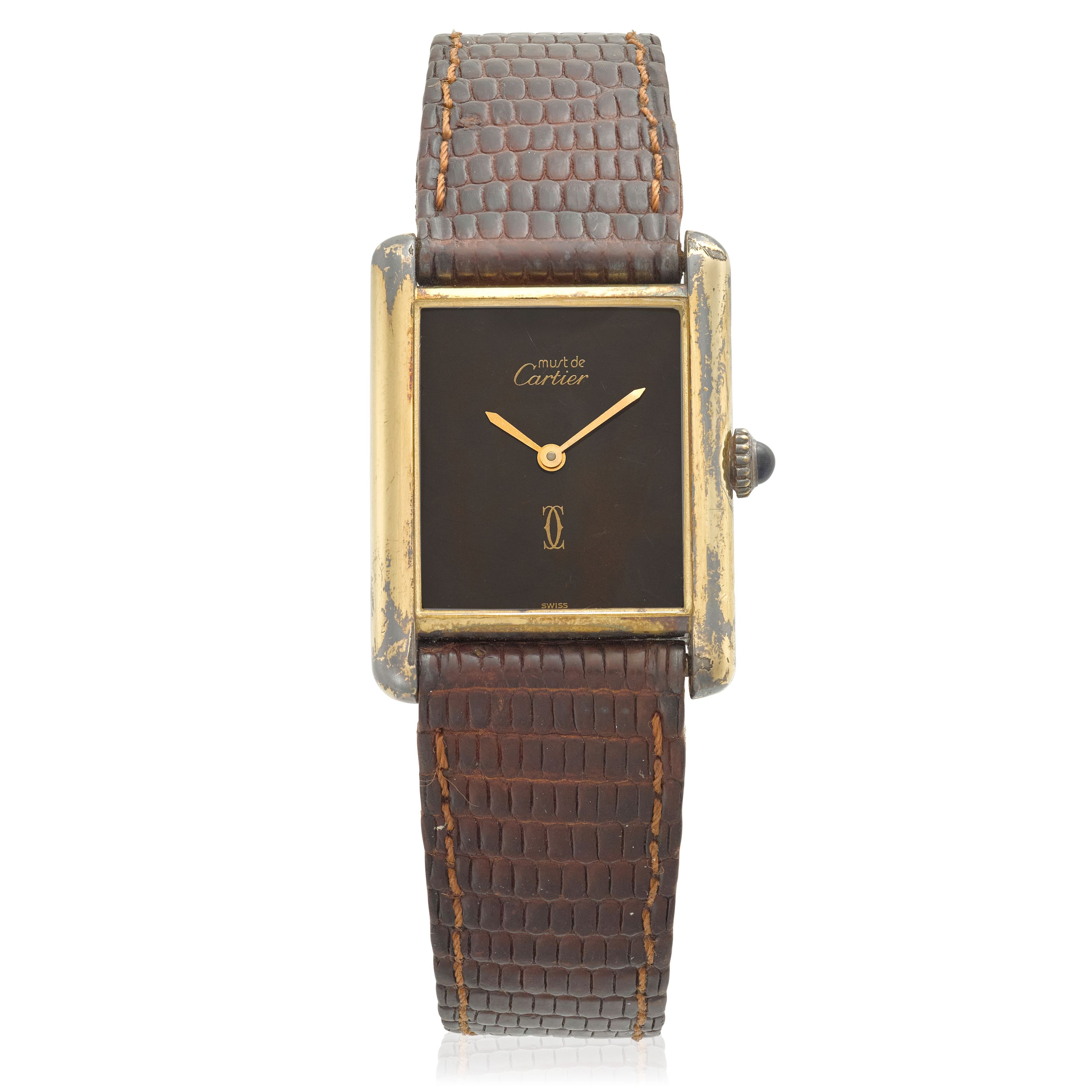 CARTIER. A GOLD-PLATED WRISTWATCH WITH WOOD DIAL Tank, c.1990