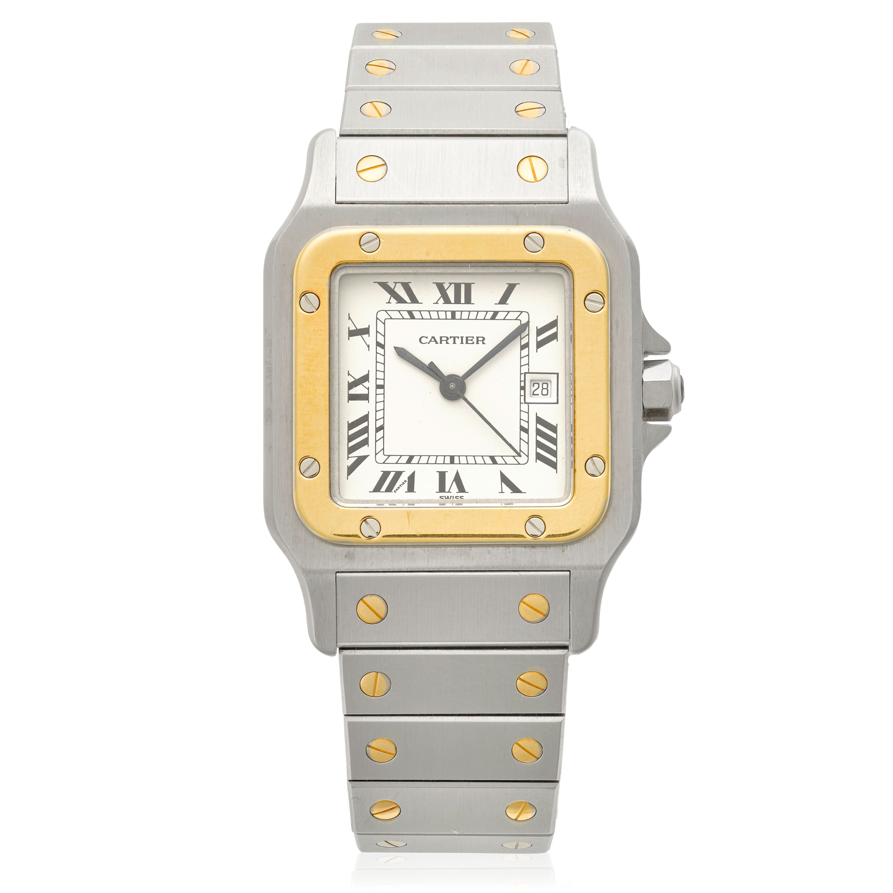 CARTIER. A STAINLESS-STEEL AND GOLD AUTOMATIC BRACELET WATCH Santos Automatique, Ref: 1172961, c.2000