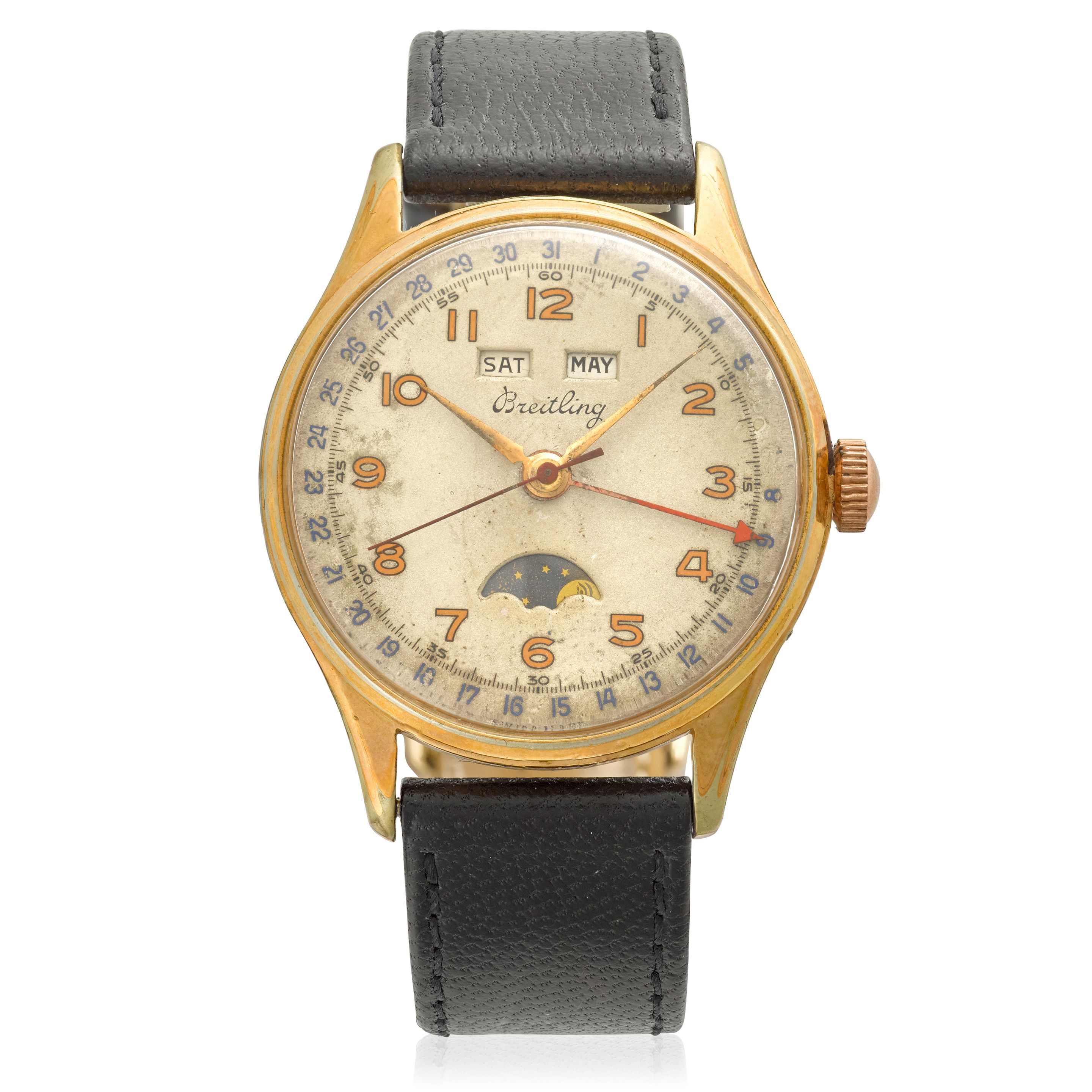 BREITLING. A GOLD PLATED MANUAL WIND CENTER SECONDS TRIPLE CALENDAR WRISTWATCH WITH MOON PHASERef: 280 20, c.1950's