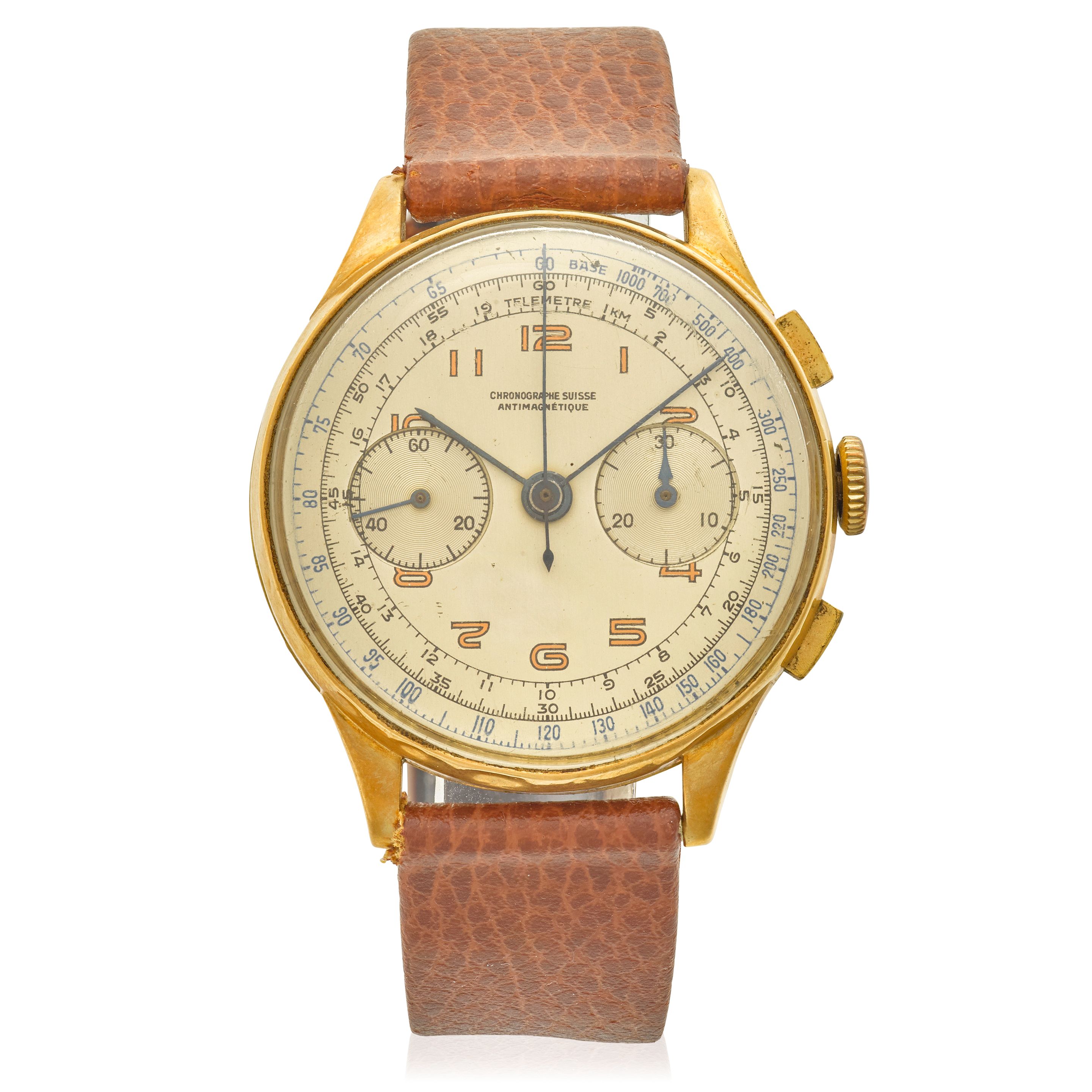 CHRONOGRAPHE SUISSE. AN 18K GOLD MANUAL WIND ANTIMAGNETIC CHRONOGRAPH WRISTWATCHc.1940