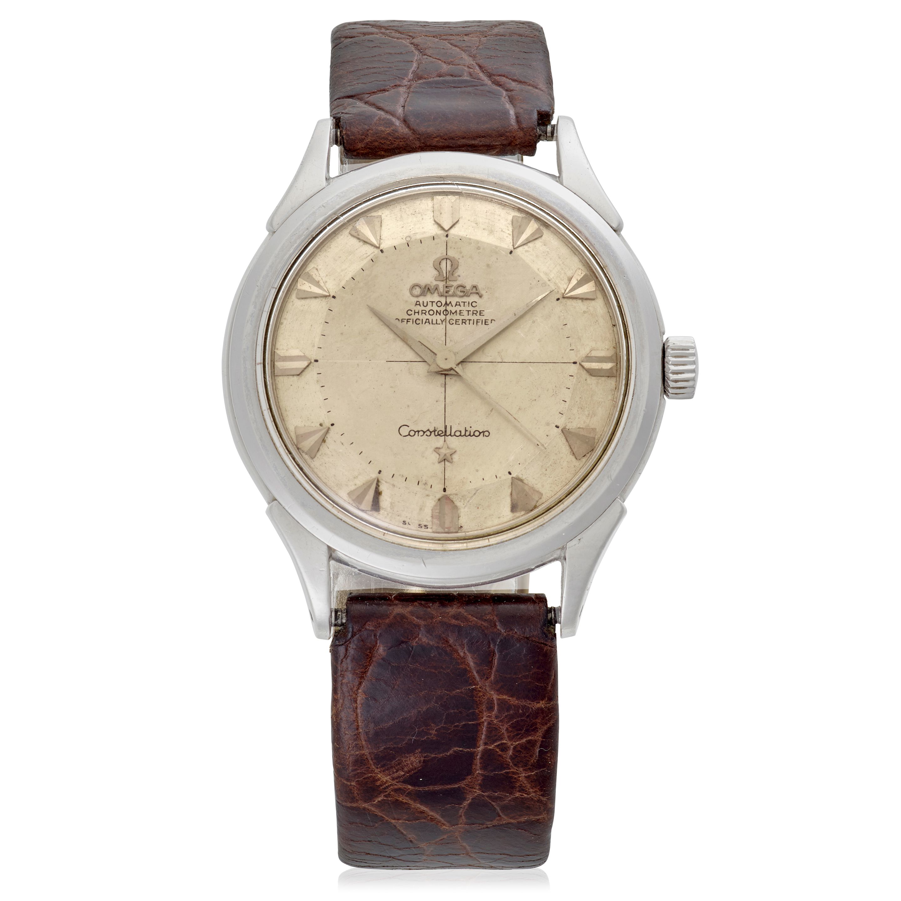 OMEGAA STAINLESS STEEL PIE PAN ARROW HEAD AUTOMATIC CHRONOMETER WRISTWATCH Constellation, C. 1955