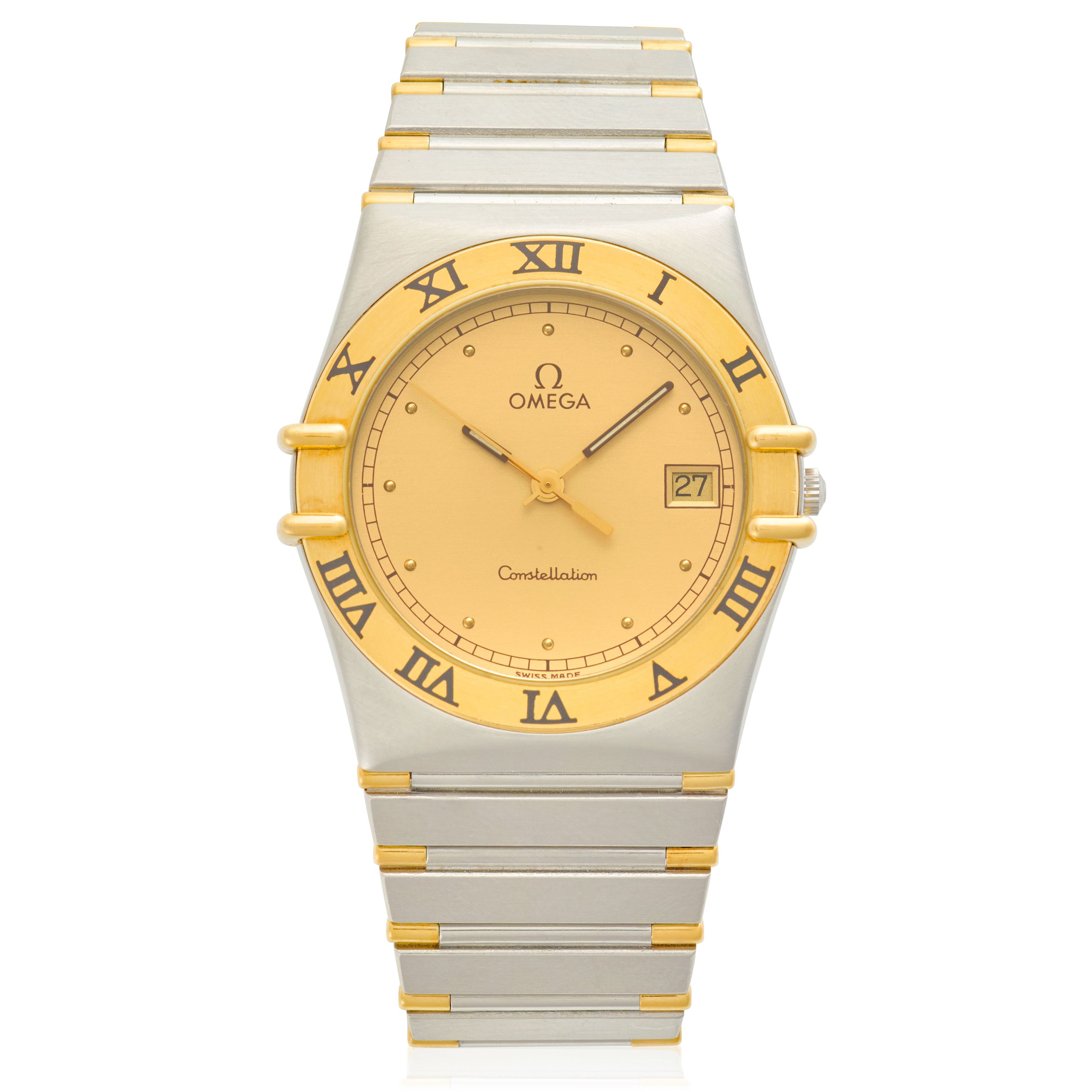 OMEGA. A STAINLESS-STEEL AND GOLD CALENDAR BRACELET WATCH Constellation, c.2000s